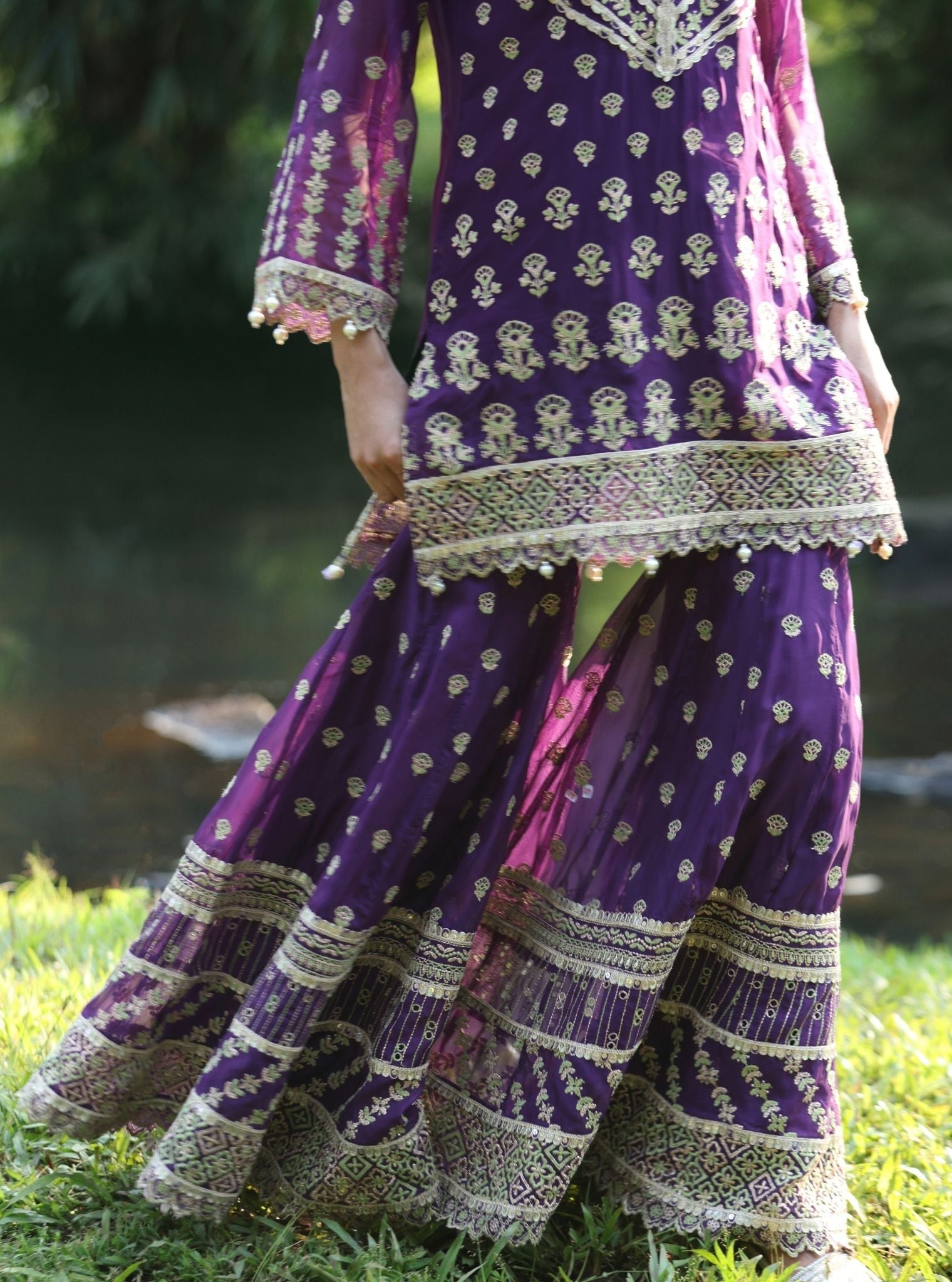 Mulmul Organza Kahani Purple Kurta With Mulmul Organza Kahani Purple Sharara