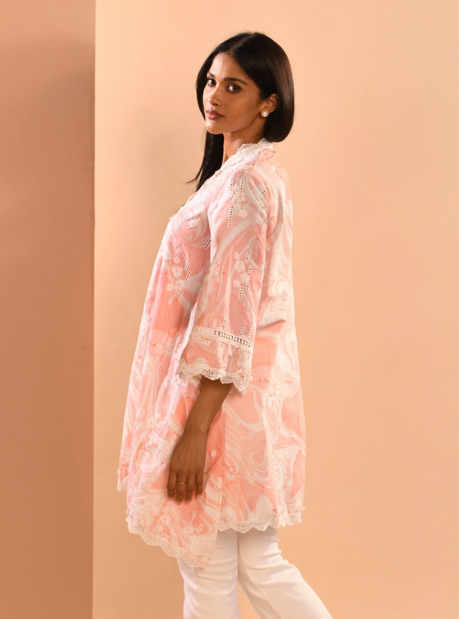 Mulmul Cotton Marble Wyn Pink Kurta