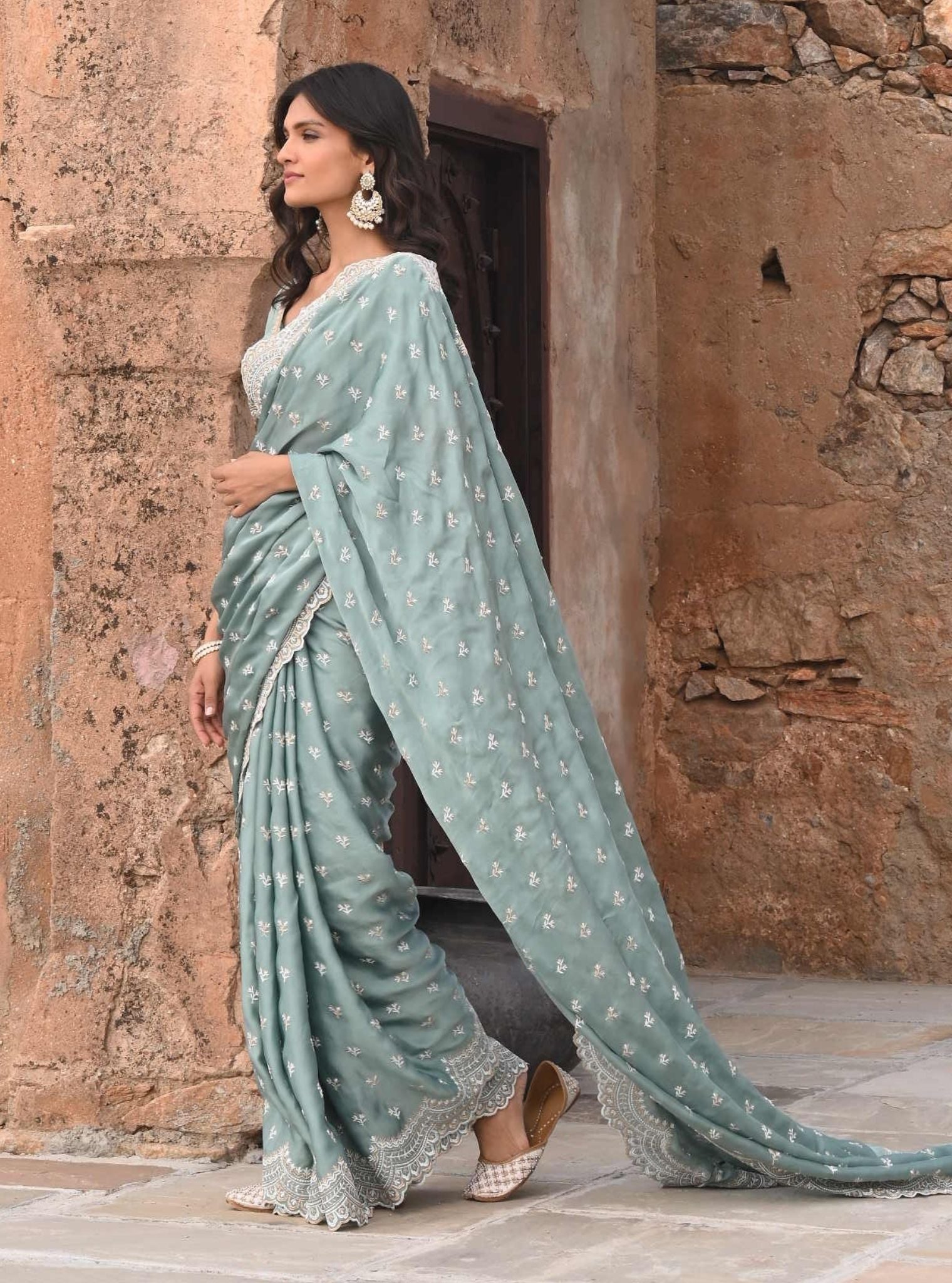 Mulmul Organza Satin Bindiya Teal Blue Saree