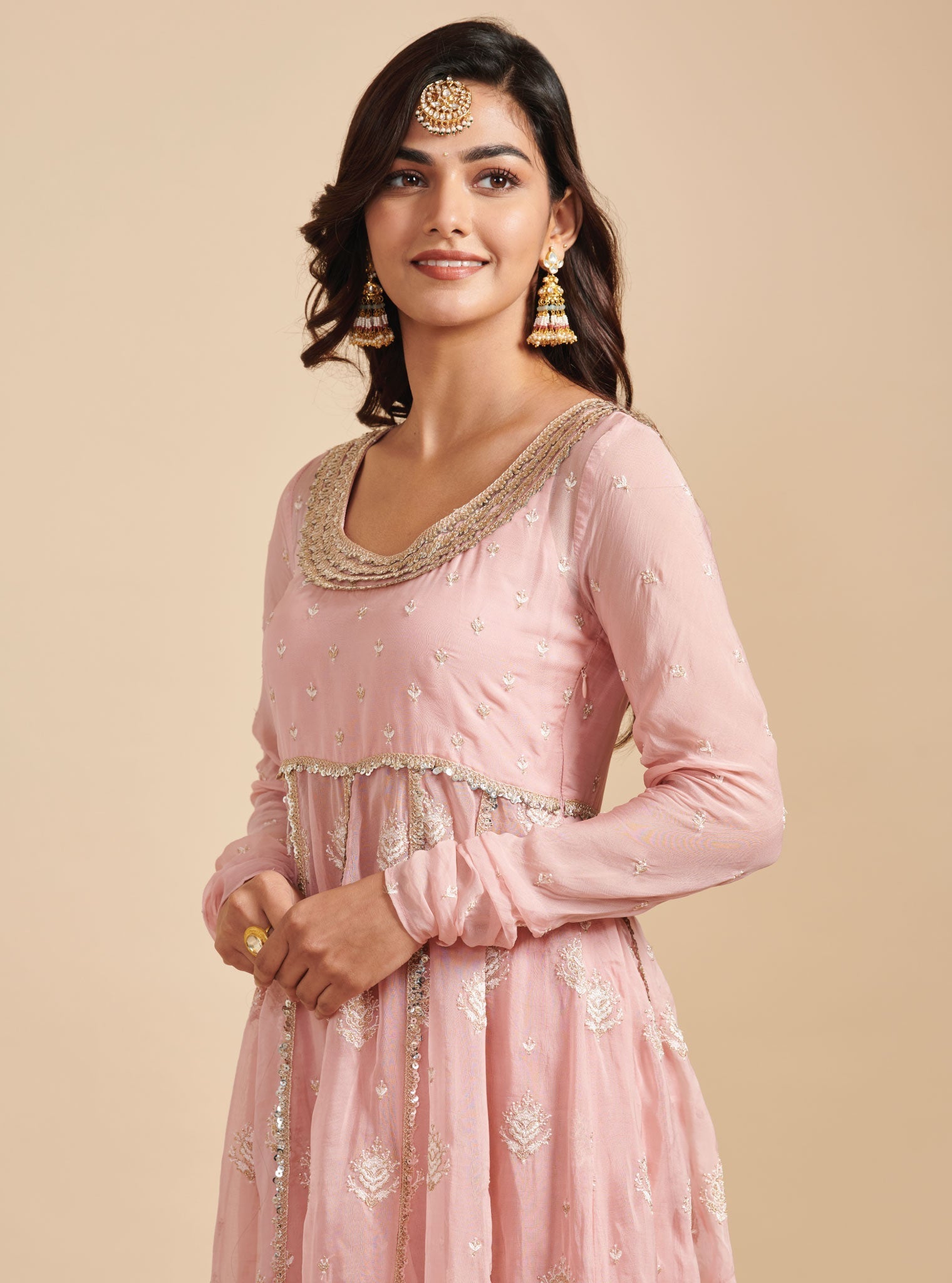 Mulmul Organza Gulabo Pink Anarkali Kurta With Mulmul Cupro Gulabo Pink pant