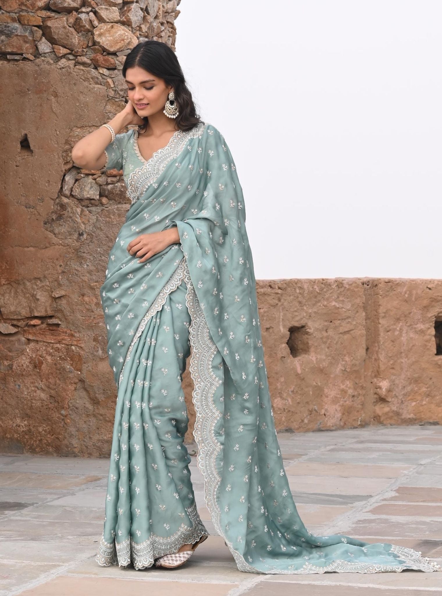 Mulmul Organza Satin Bindiya Teal Blue Saree