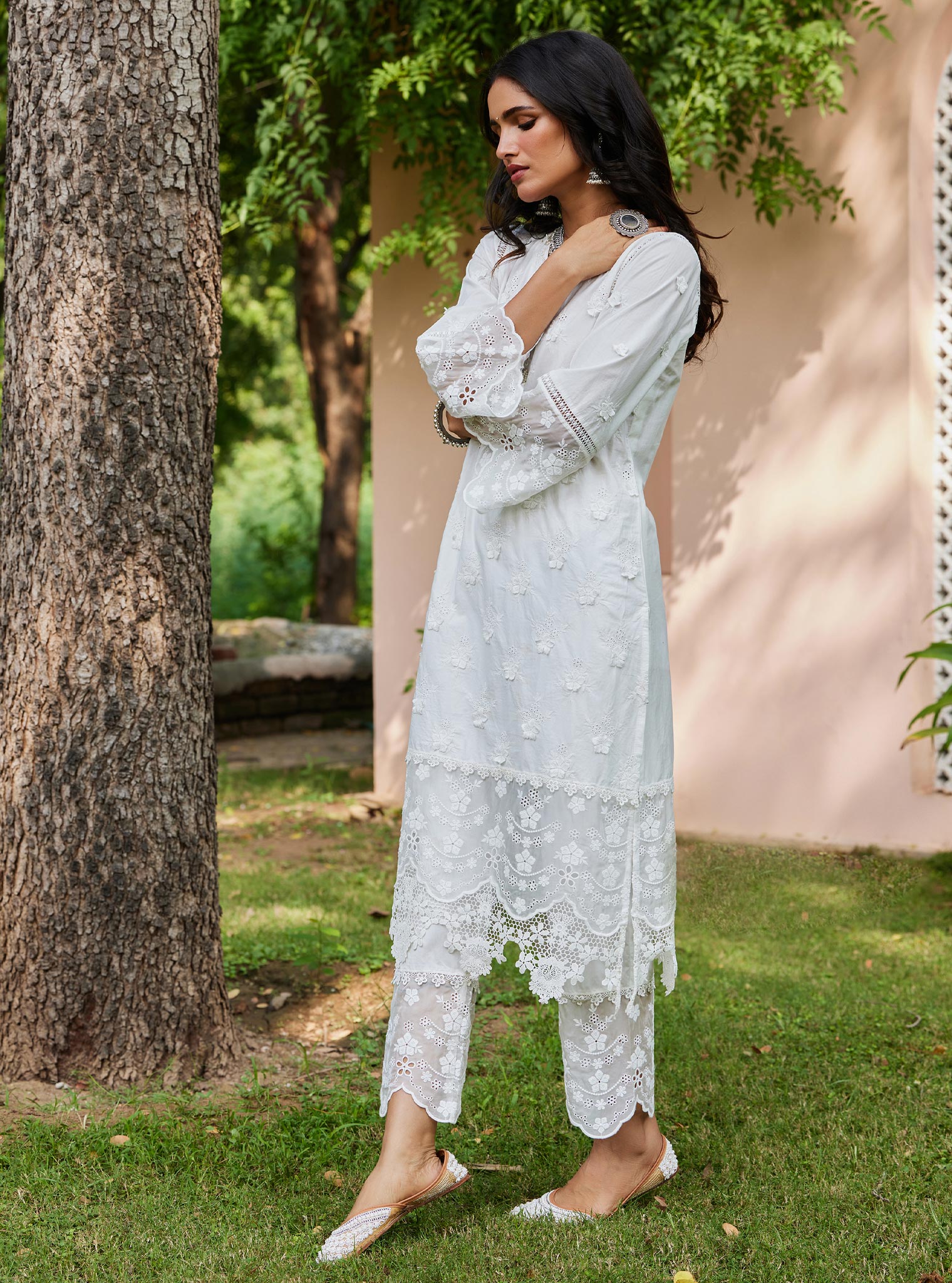 Mulmul Cotton Reeva Off White Kurta with Mulmul Cotton Reeva Off White Pant