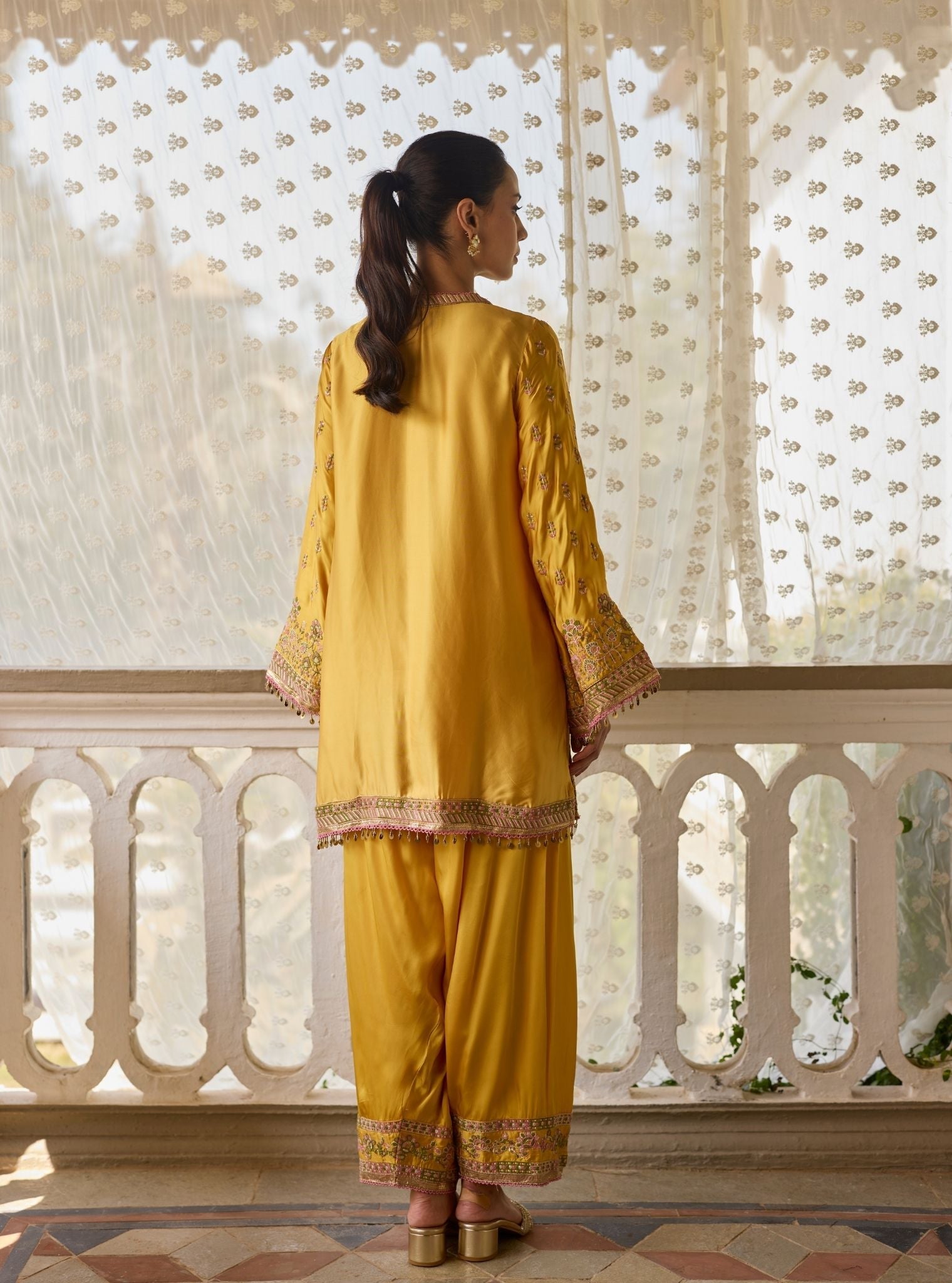 Pralika Bemberg Satin Mustard Kurta With Farshi Salwar