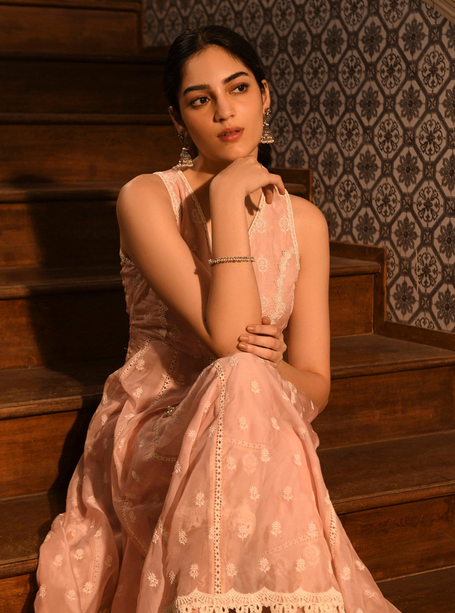 Mulmul Organza Badra Pink Kurta With Mulmul Cotton Badra Pink Pant