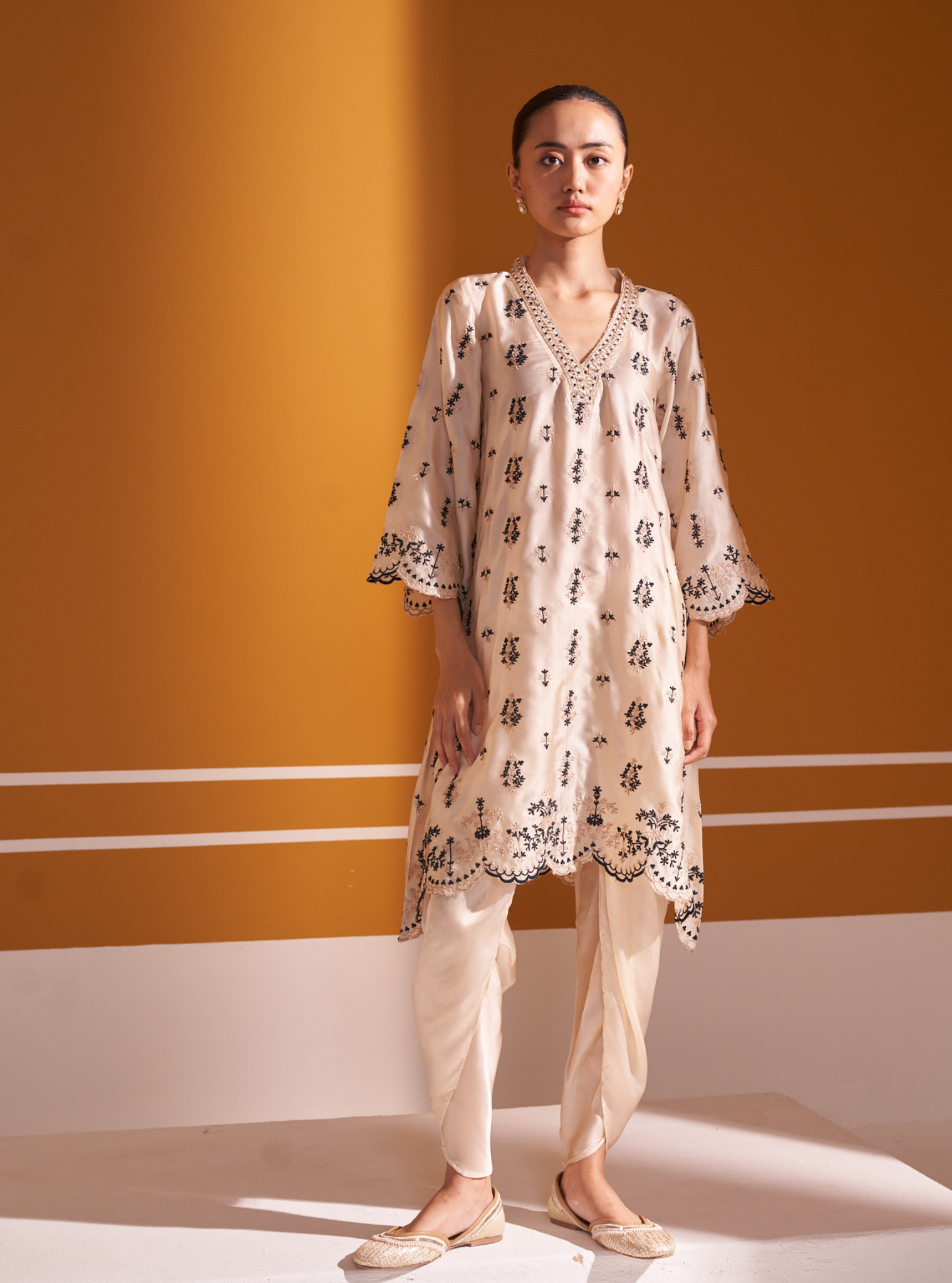 Mulmul Cupro Satin Callaia Off White kurta With Mulmul Cupro Satin Callaia Off White Salwar