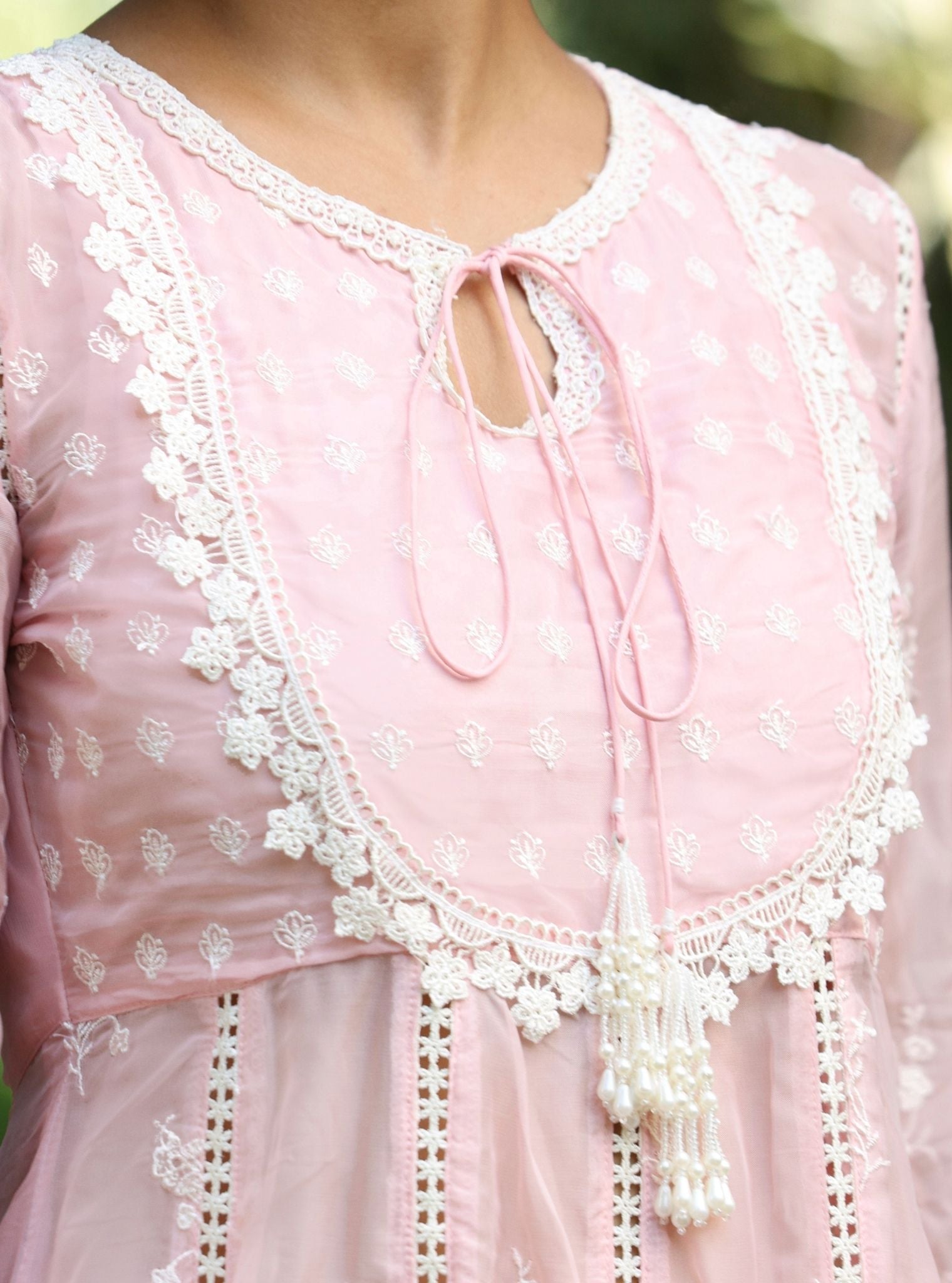 Mulmul Organza Neesa Pink Anarkali Kurta With Mulmul Cotton Neesa Pink Pant