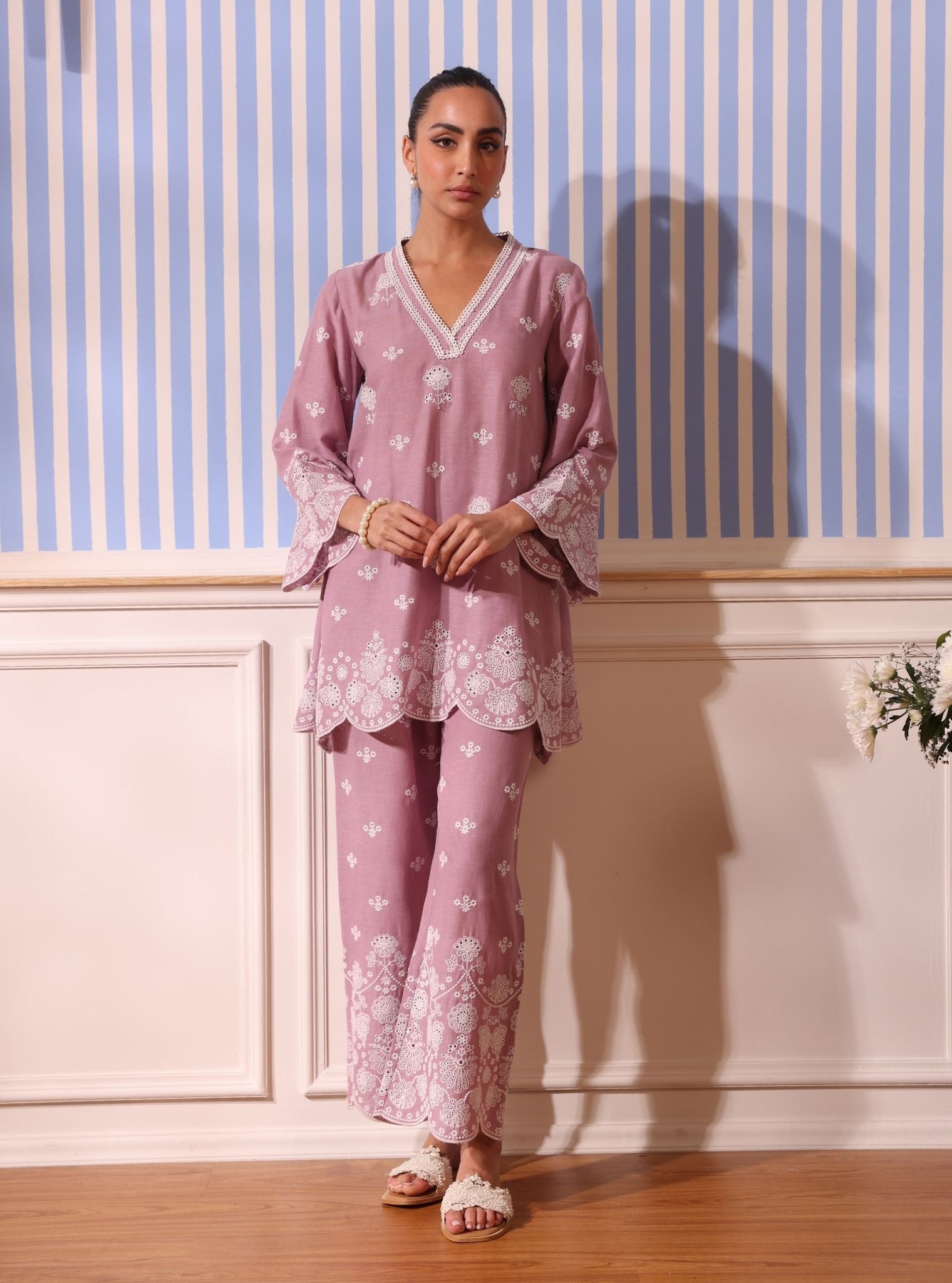 Mulmul Linen Billie Lilac Top With Mulmul Linen Billie Lilac Pant