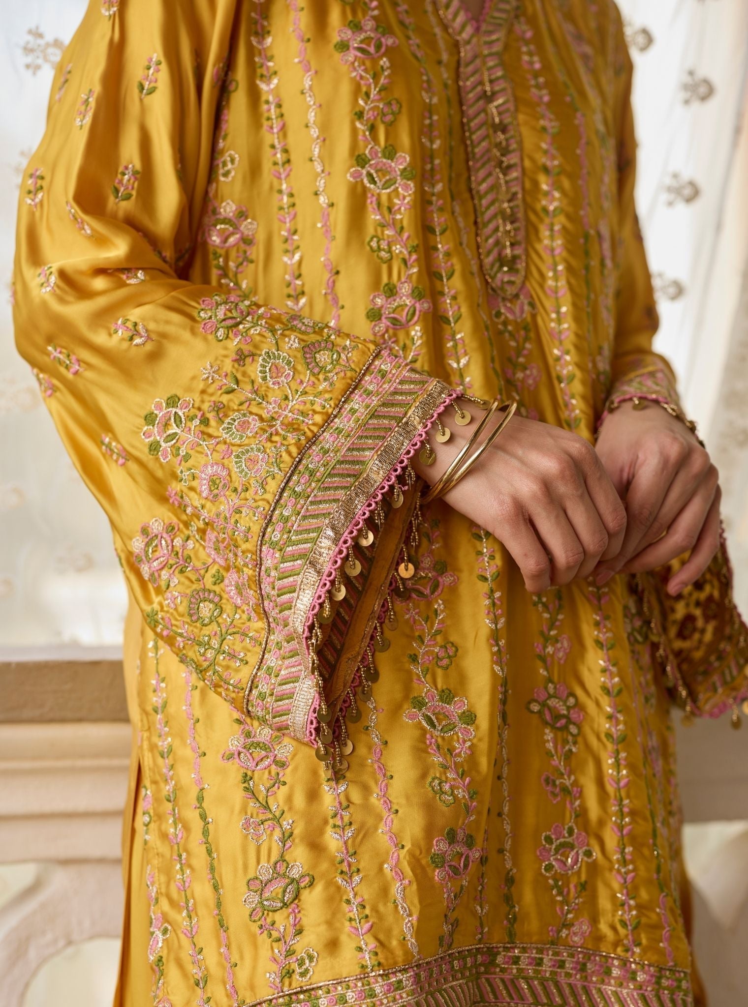 Pralika Bemberg Satin Mustard Kurta With Farshi Salwar