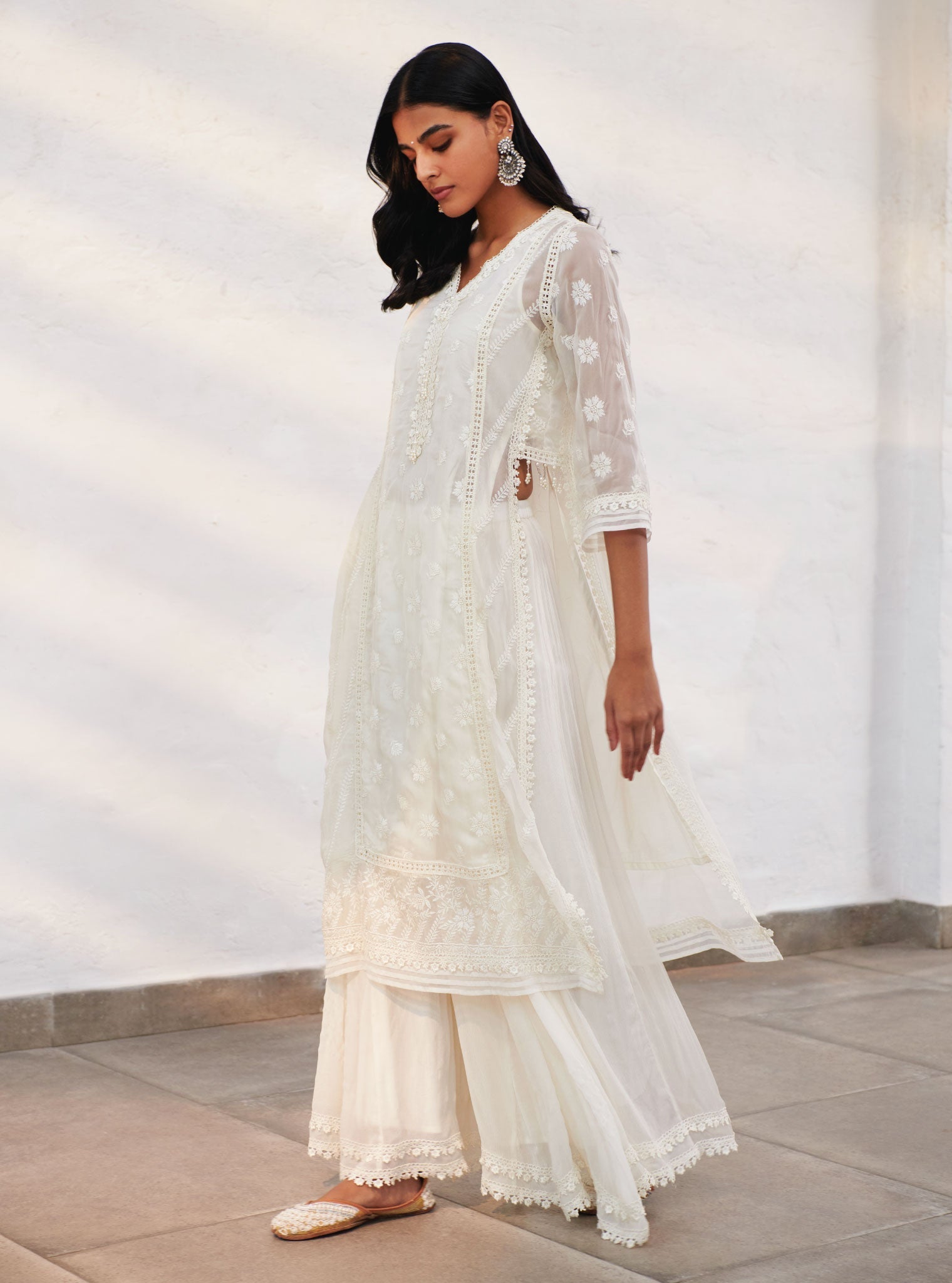 Mulmul Organza Armagh Off White Kurta With Chiffon Armagh Off White Sharara