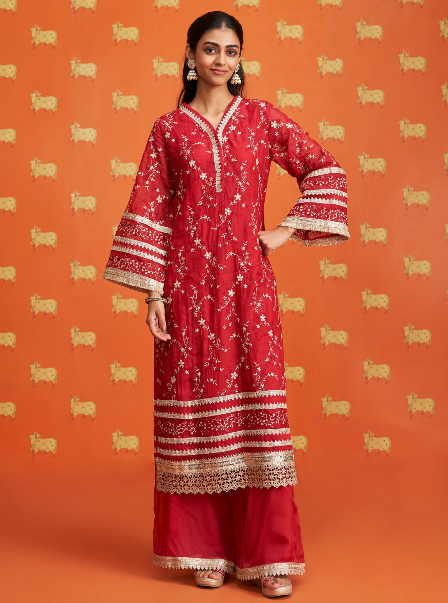 Mulmul Organza Cinda Red Kurta With Mulmul Organza Cinda Red Pant