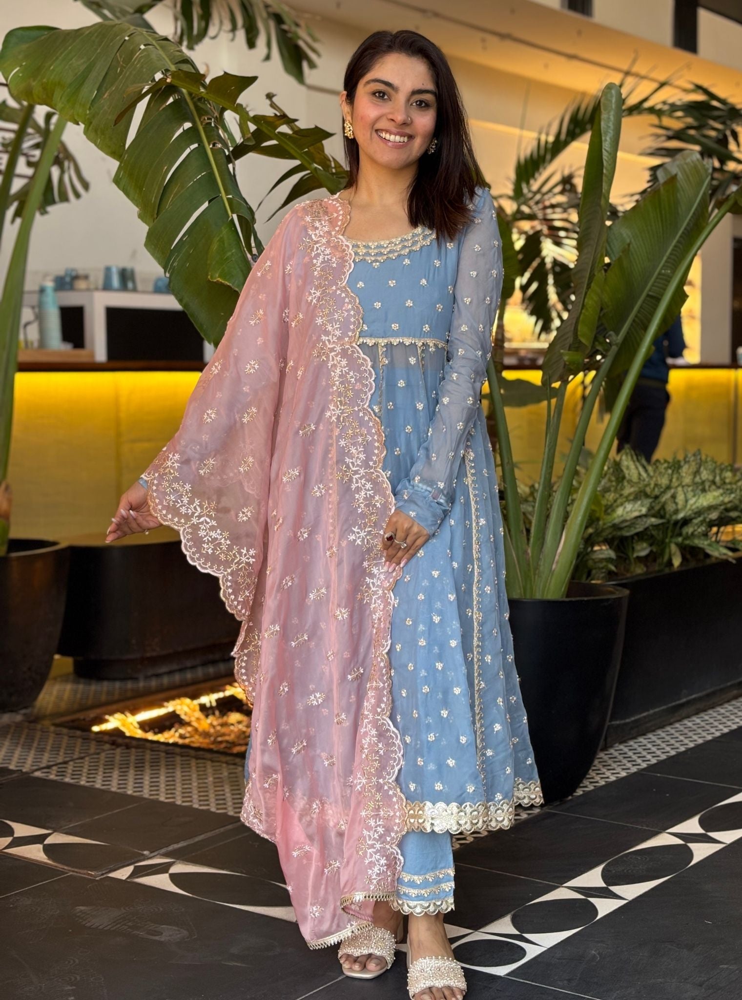 Mulmul Organza Yumi Light Blue Anarkali Kurta With Mulmul Cotton Yumi Light Blue Pant