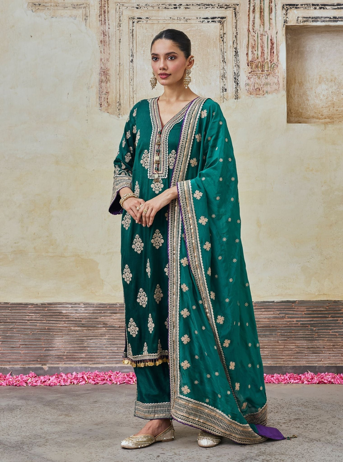 Bairi Bemberg Raw Silk Emerald Green Kurta Set