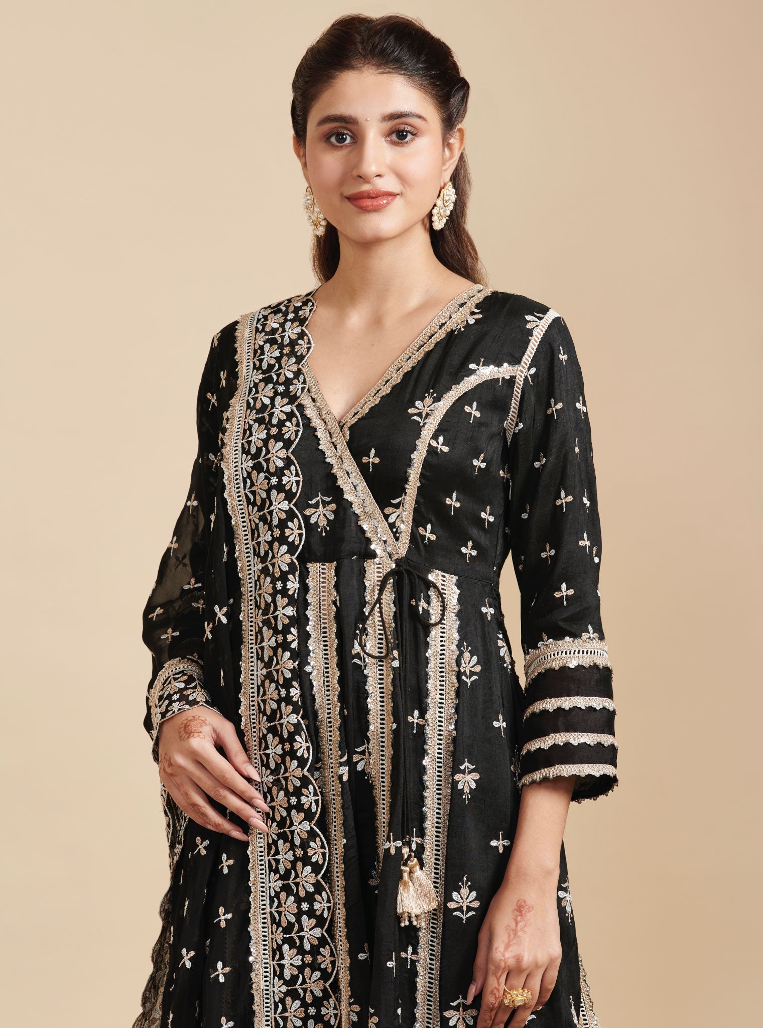 Mulmul Silk Khanak Anarkali Black Kurta With Mulmul Silk Khanak Black Pant