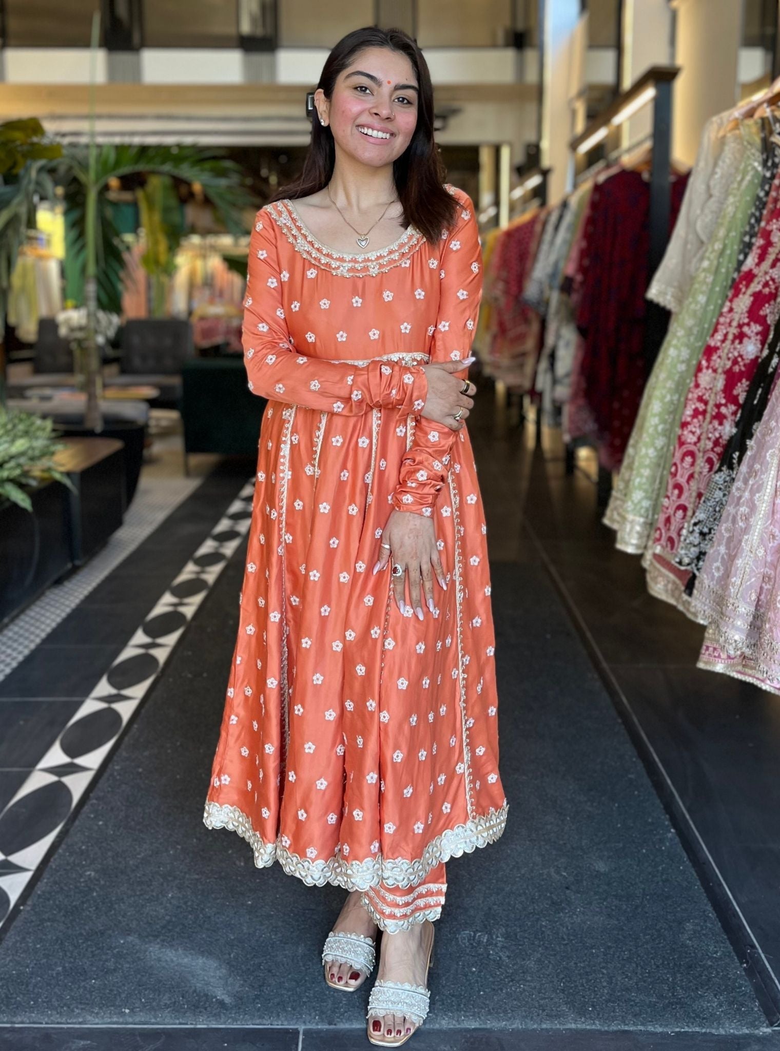 Modal Satin Louna Burnt Orange Anarkali Kurta With Mulmul Satin Louna Burnt Orange Pant