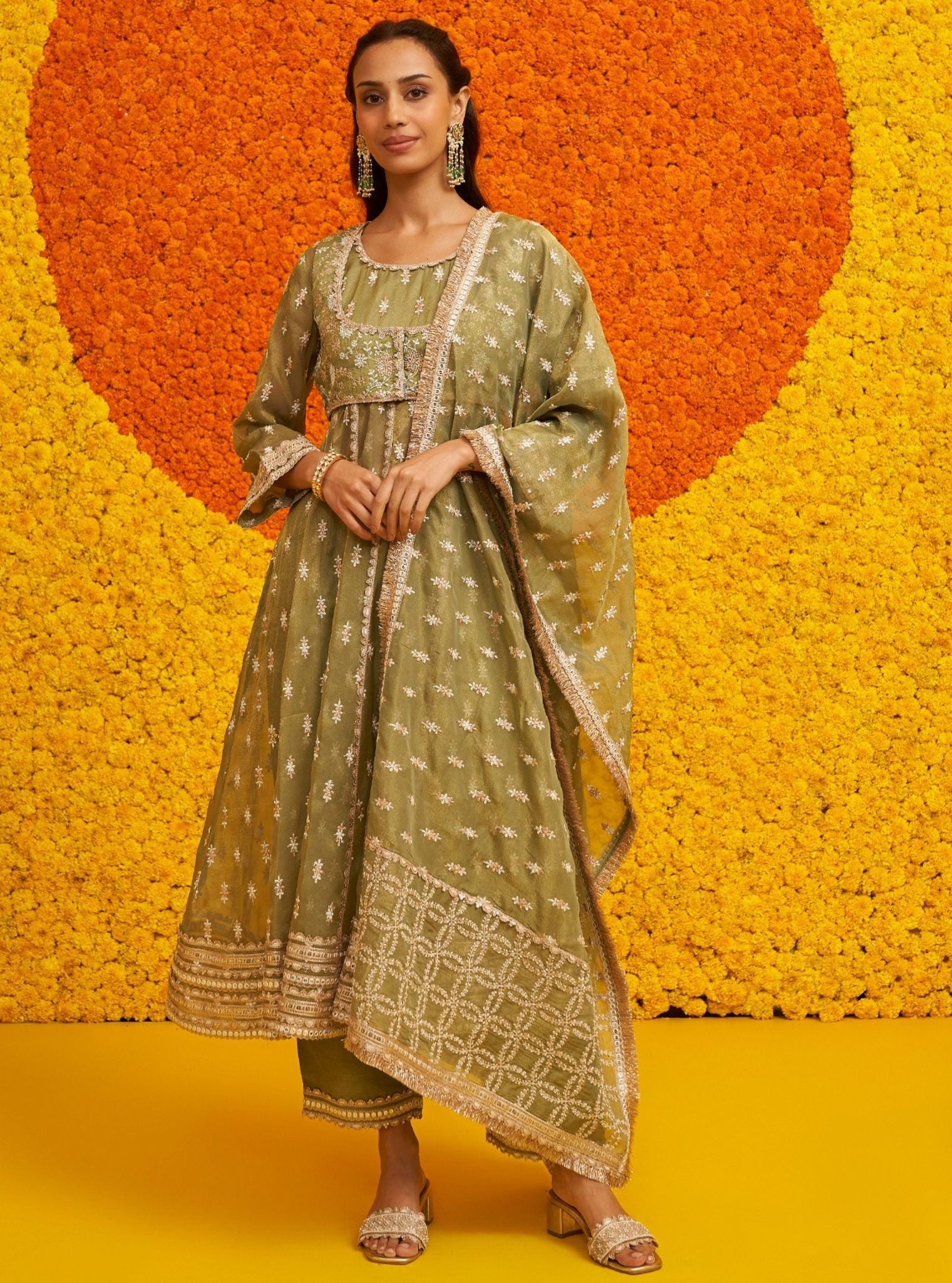 Mulmul Royal Tissue Genda Sage Green Dupatta