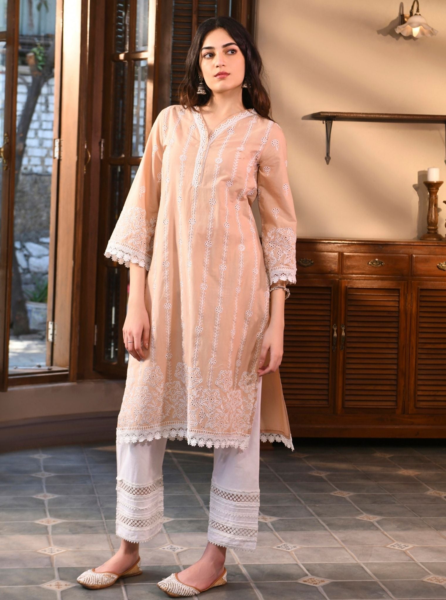 Mulmul Cotton Fila Beige Kurta With Mulmul Cotton Floral Ladder Slim White Pant