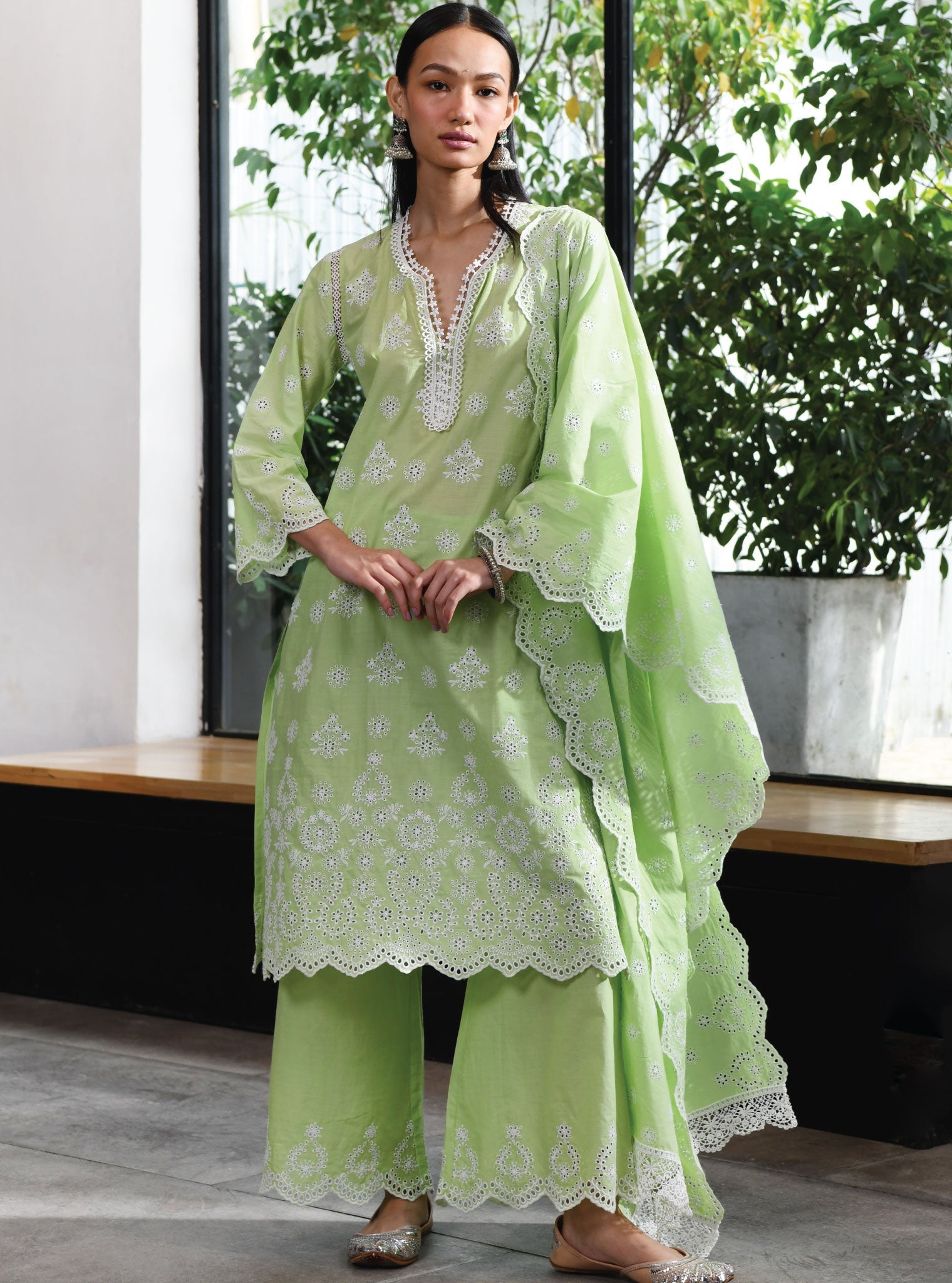 Mulmul Cotton Ripon Green Kurta With Ripon Green Pant