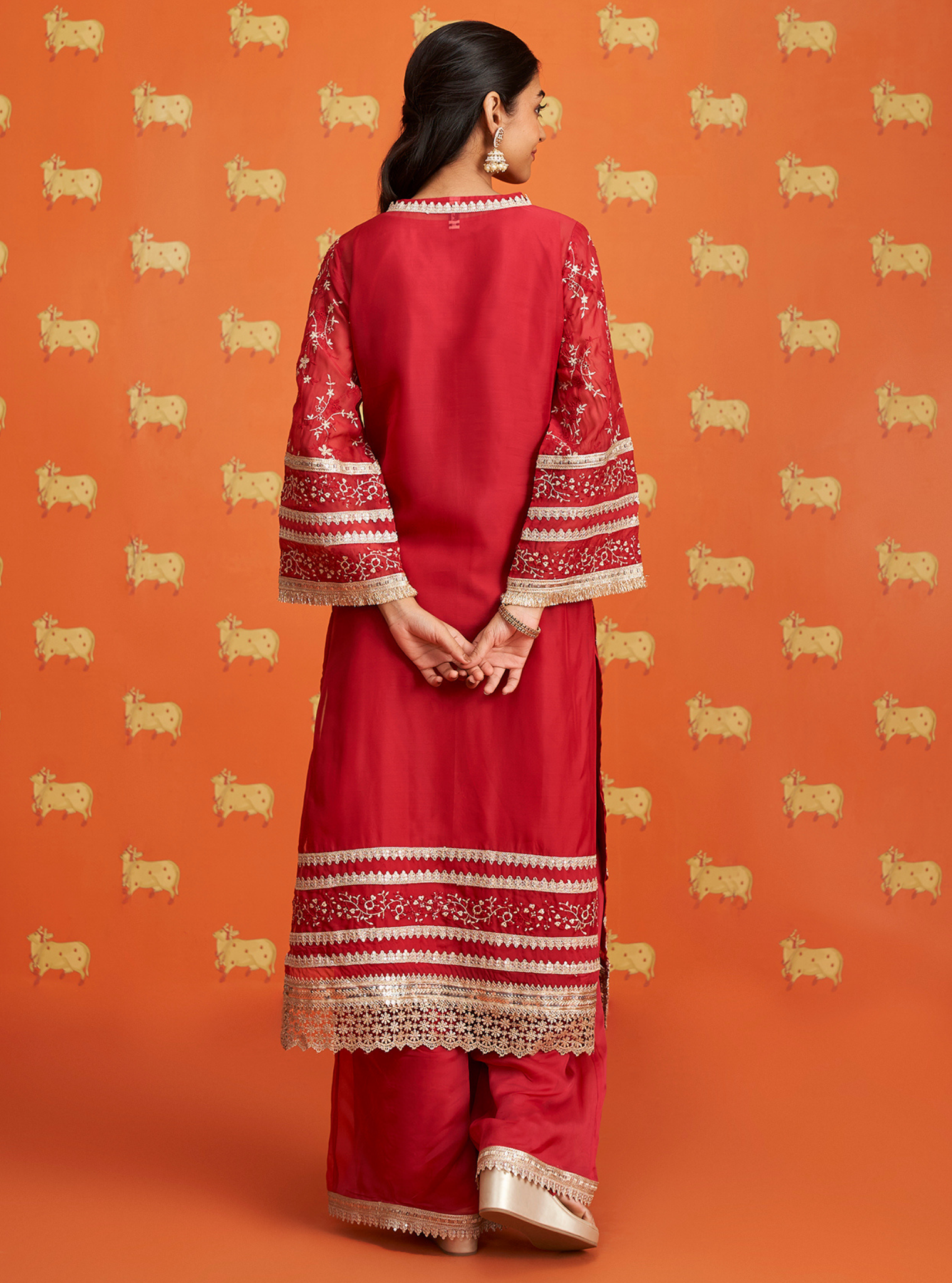 Mulmul Organza Cinda Red Kurta With Mulmul Organza Cinda Red Pant