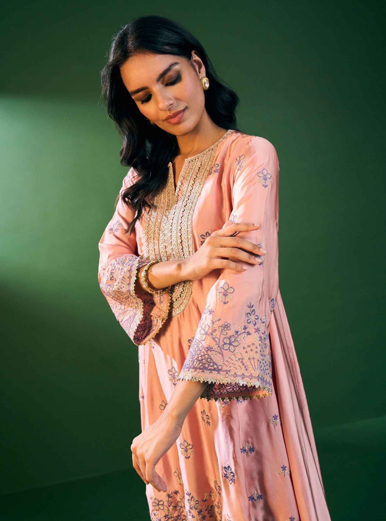 Angana Cupro Satin Pink Kurta Set