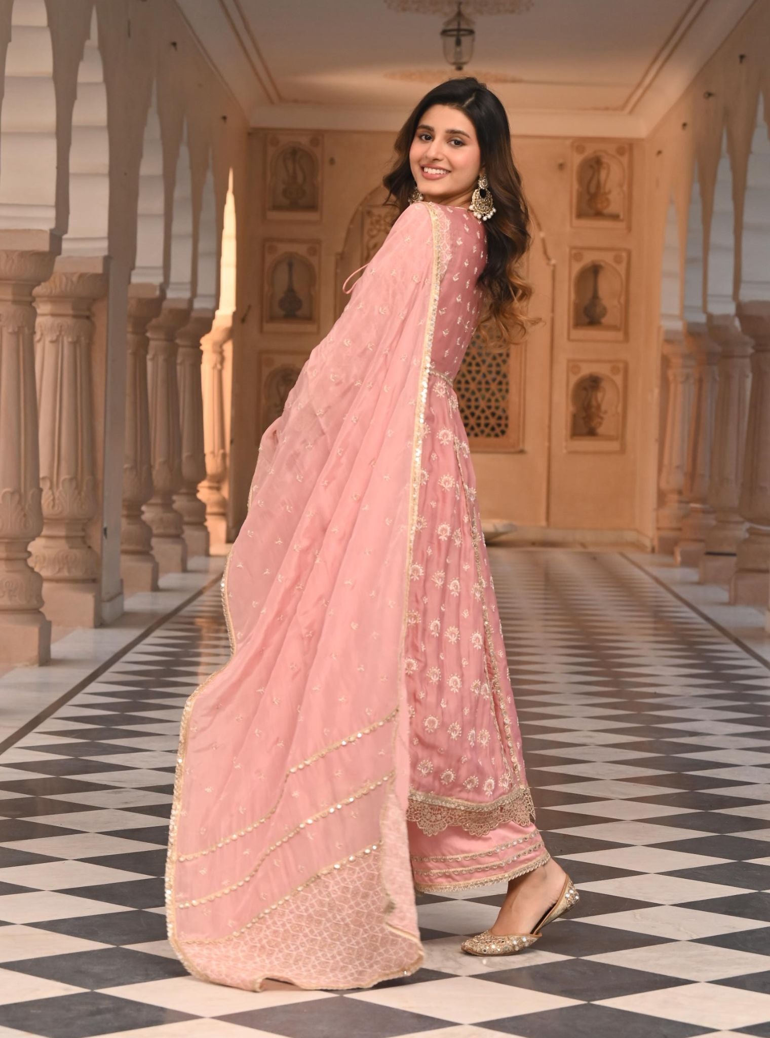 Mulmul Organza Satin Navrai Light Pink Anarkali Kurta with Mulmul Luxe Satin Navrai Light Pink Pant