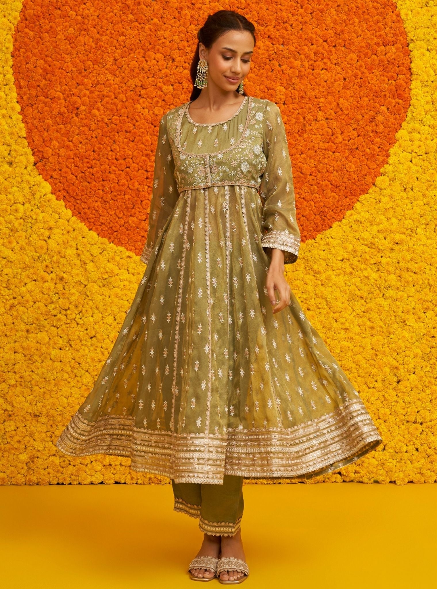 Mulmul Royal Tissue Genda Sage Green Anarkali Kurta With Mulmul Luxe Tissue Genda Sage Green Pant