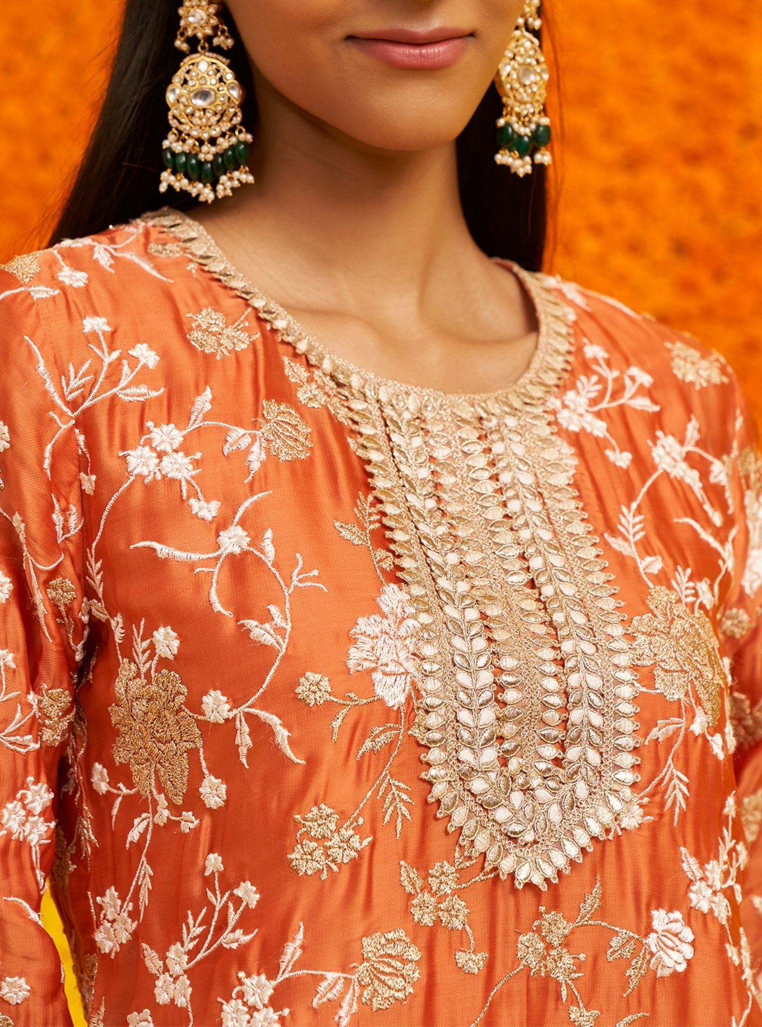 Mulmul Organza Satin Fitoor Burnt Orange Kurta With Mulmul Organza Satin Fitoor Burnt Orange Lehenga