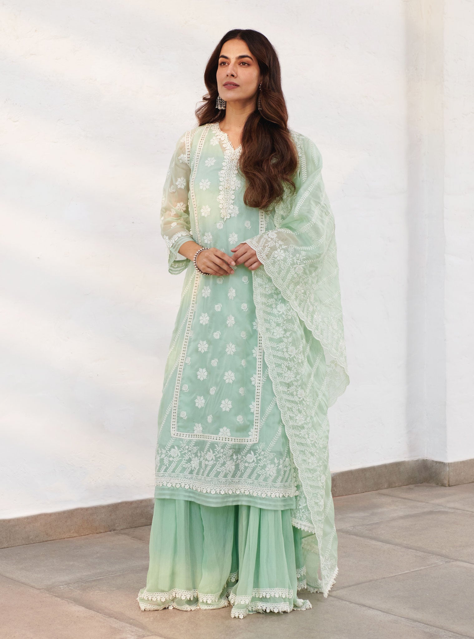 Mulmul Organza Armagh Green Kurta With Chiffon Armagh Green Sharara