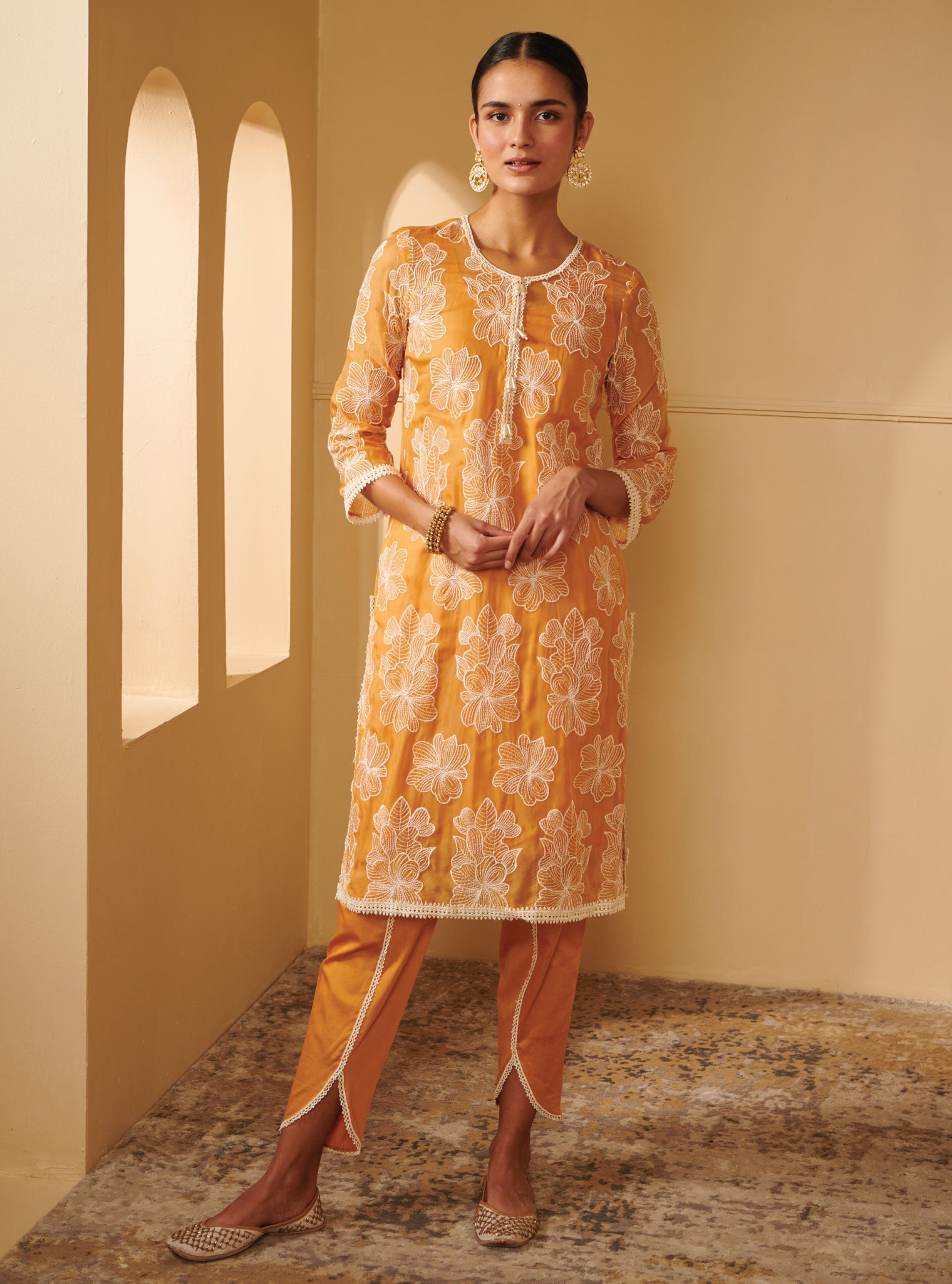 Mulmul Organza Sanemi Mango Kurta With Mulmul Pima Satin Sanemi Mango Dhoti Pant