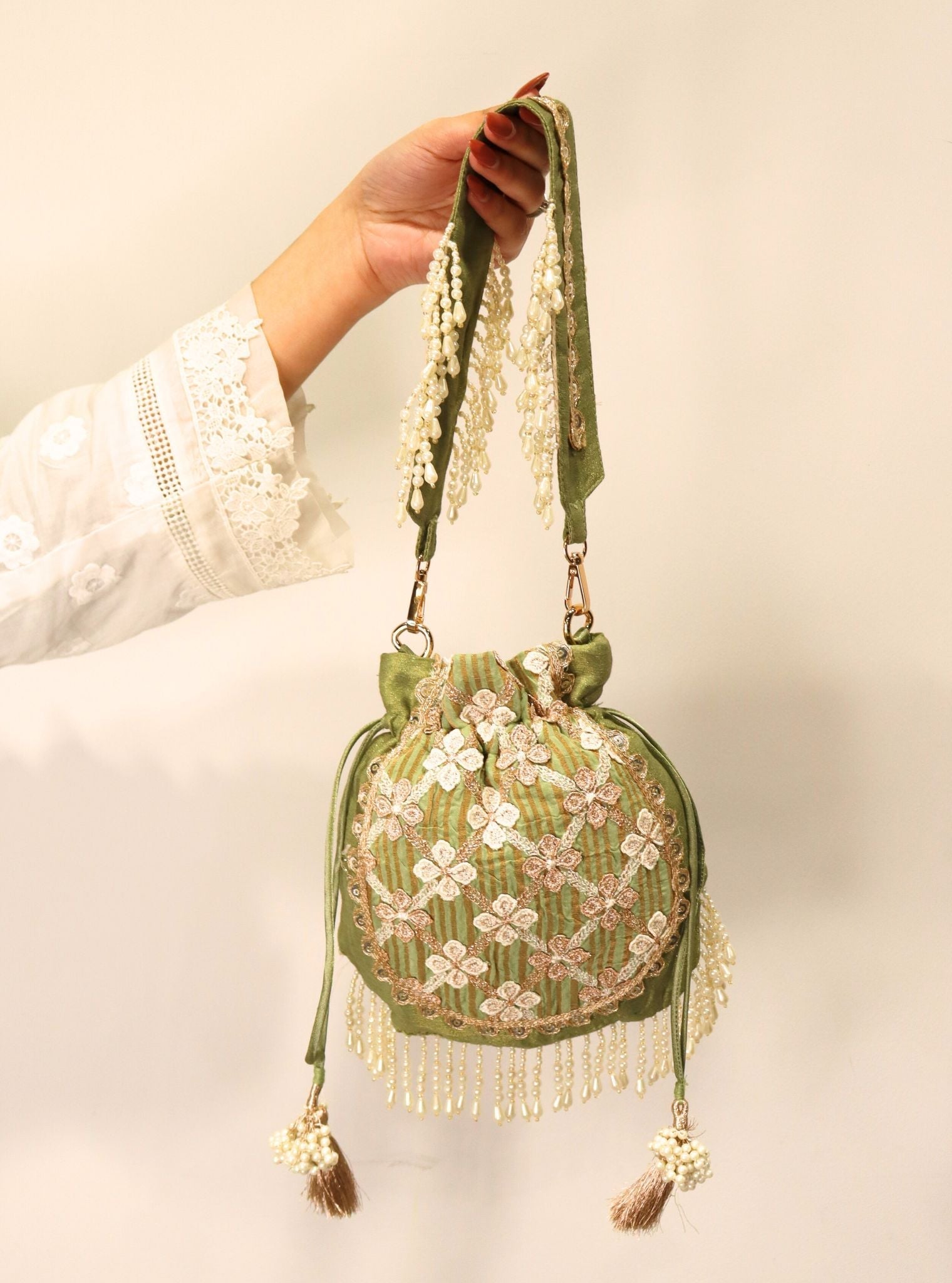 Mulmul Resham Sage Green Potli Bag