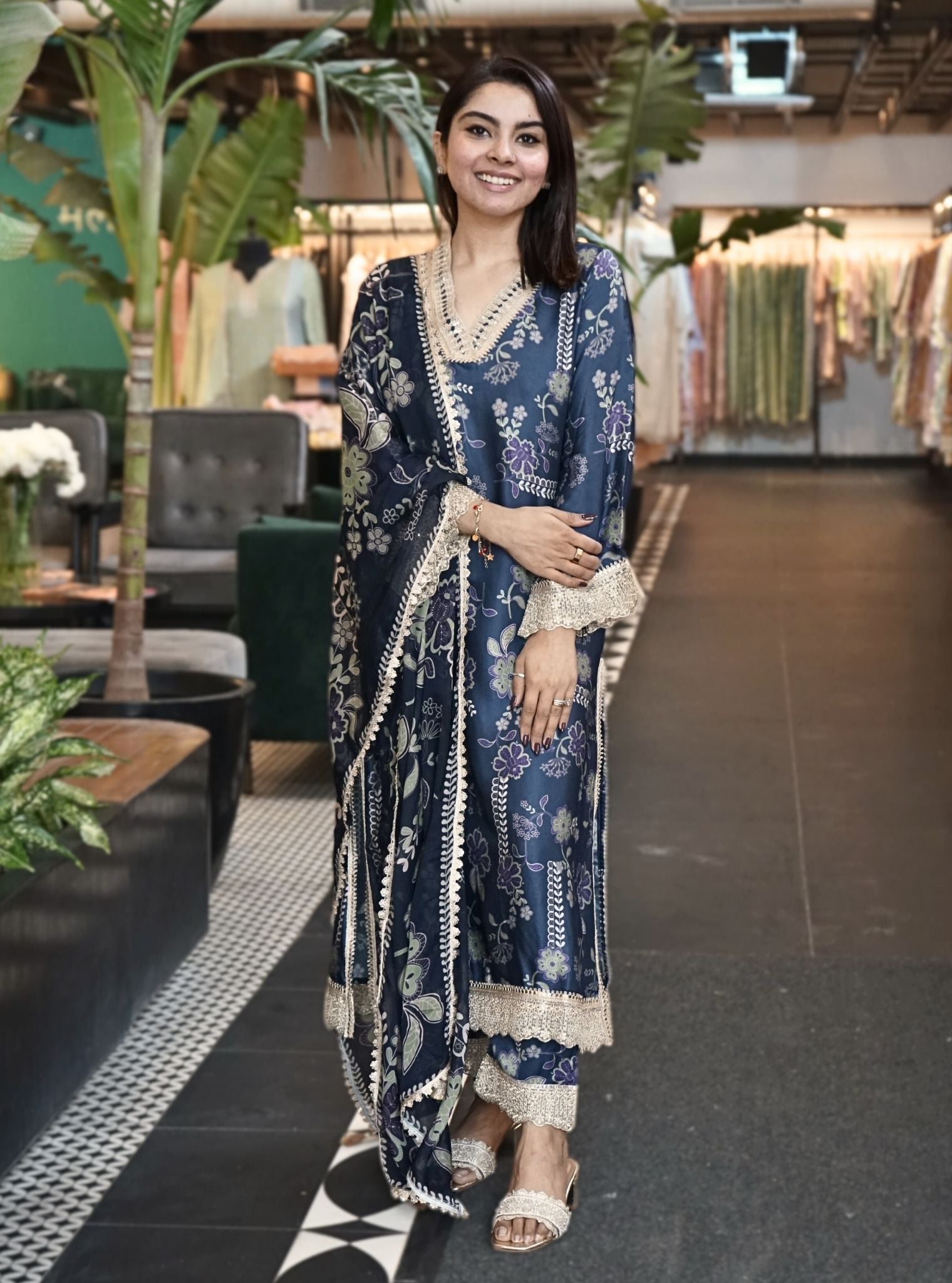 Mulmul Cupro Berta Printed Navy Kurta With Mulmul Cupro Berta Printed Navy Pant