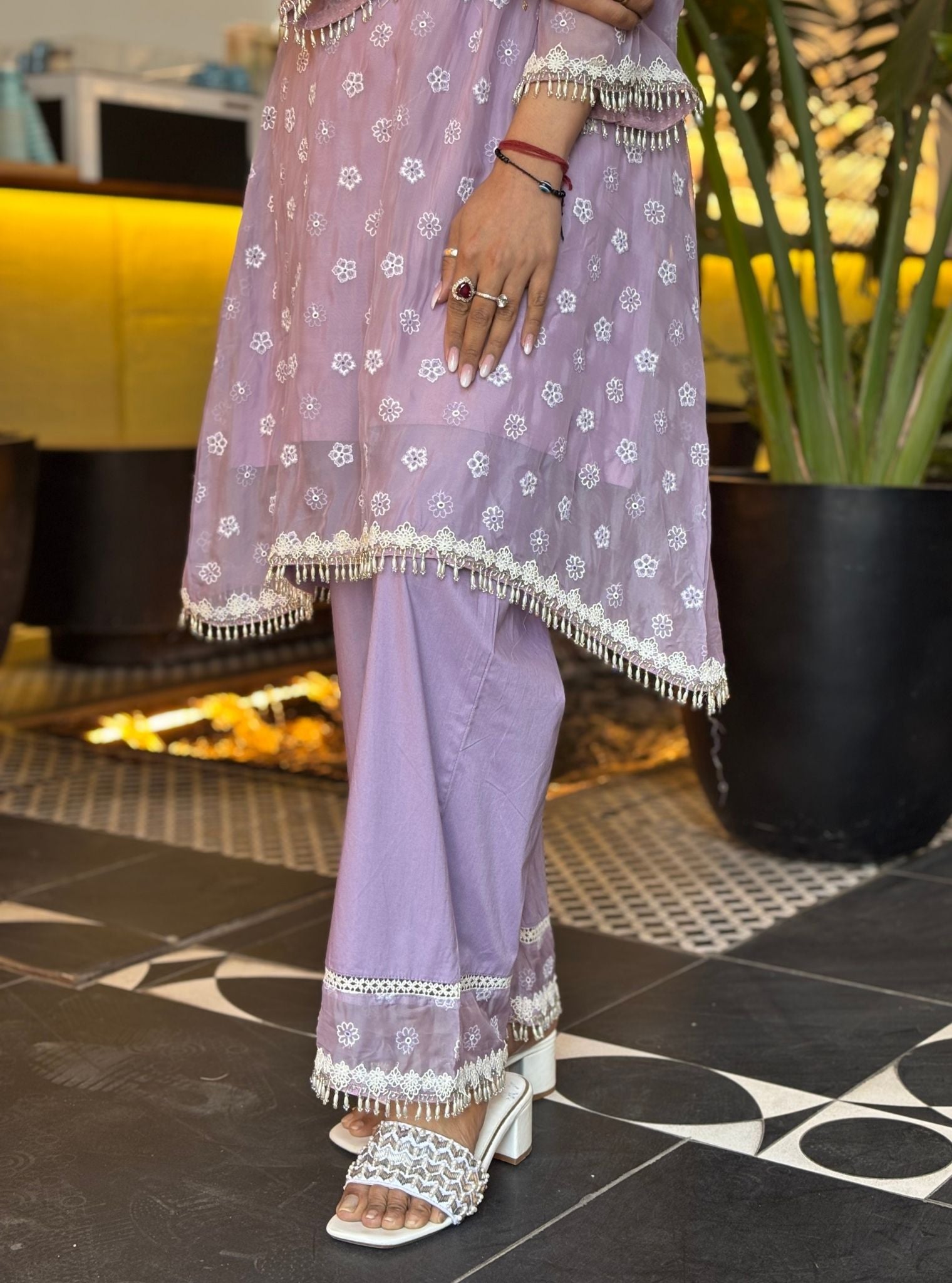 Mulmul Organza Hariette Lilac Kurta With Mulmul Cotton Hariette Lilac Pant