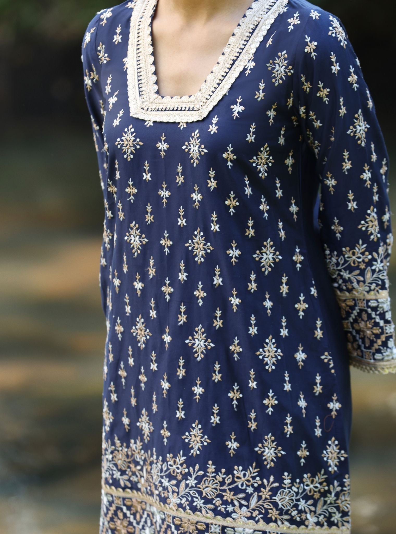 Mulmul Pima Satin Kalander Navy Kurta With Mulmul Pima Satin Kalander Navy Pant