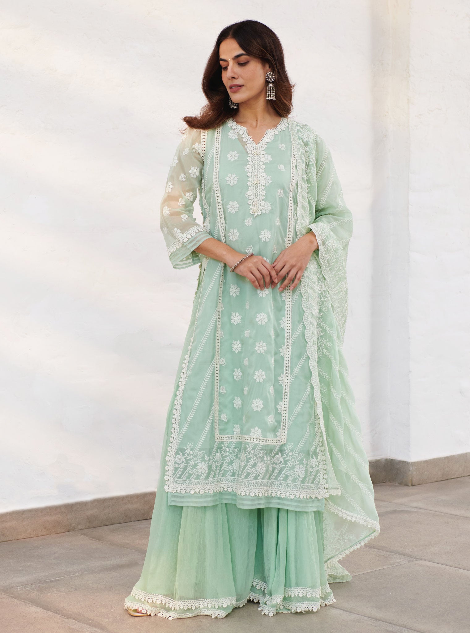 Mulmul Organza Armagh Green Kurta With Chiffon Armagh Green Sharara