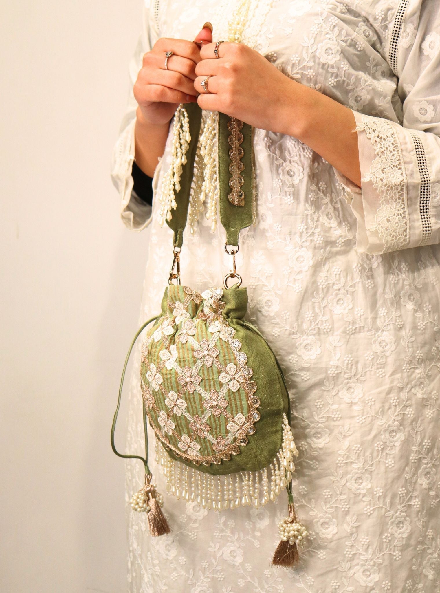 Mulmul Resham Sage Green Potli Bag