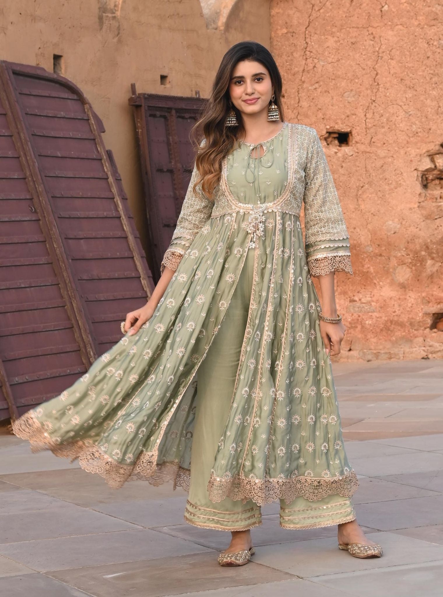 Mulmul Organza Satin Navrai Sage Green Anarkali Kurta with Mulmul Modal Satin Navrai Sage Green Pant