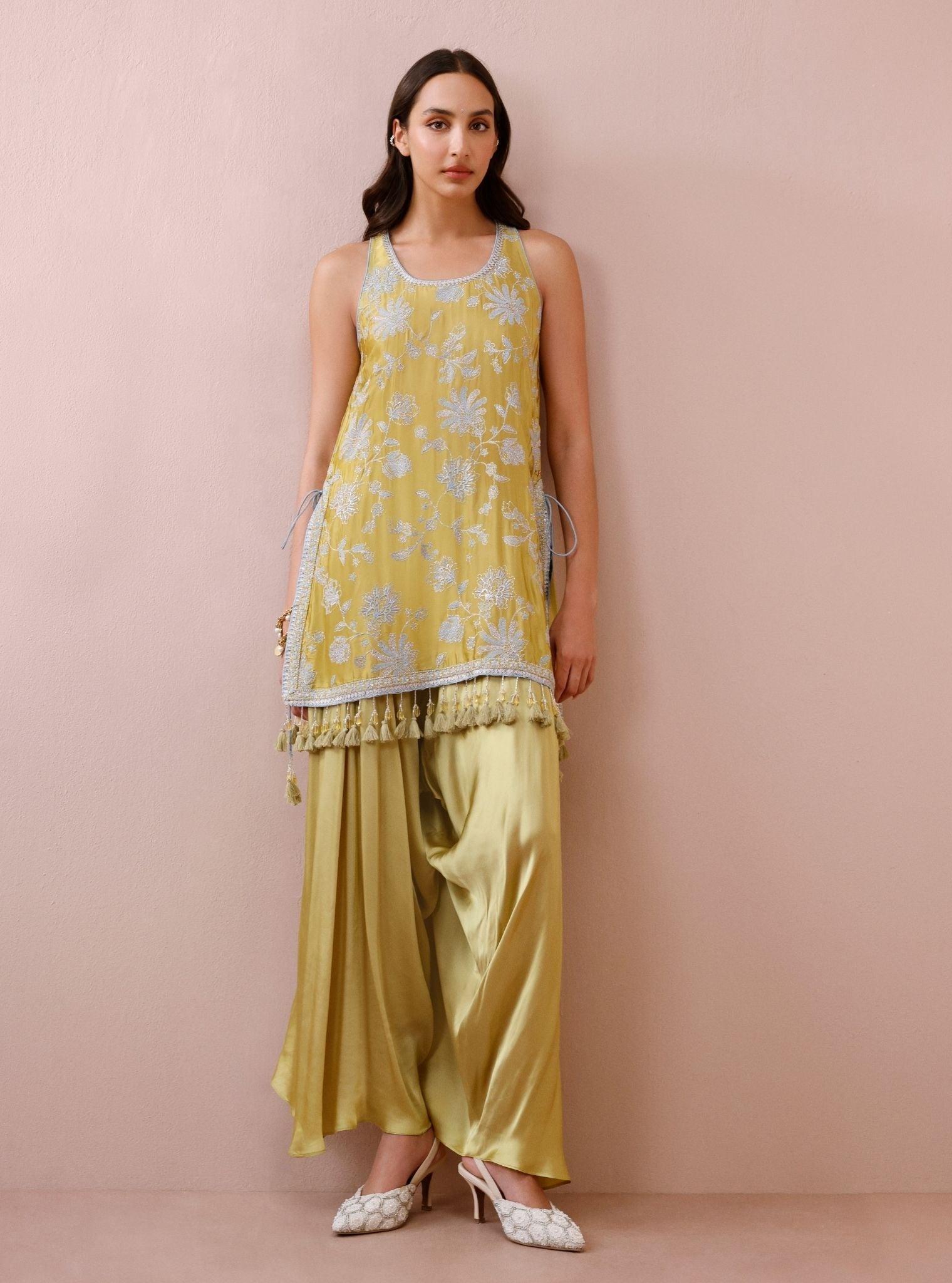 Zani Cupro Satin Lime Kurta with Draped Pants