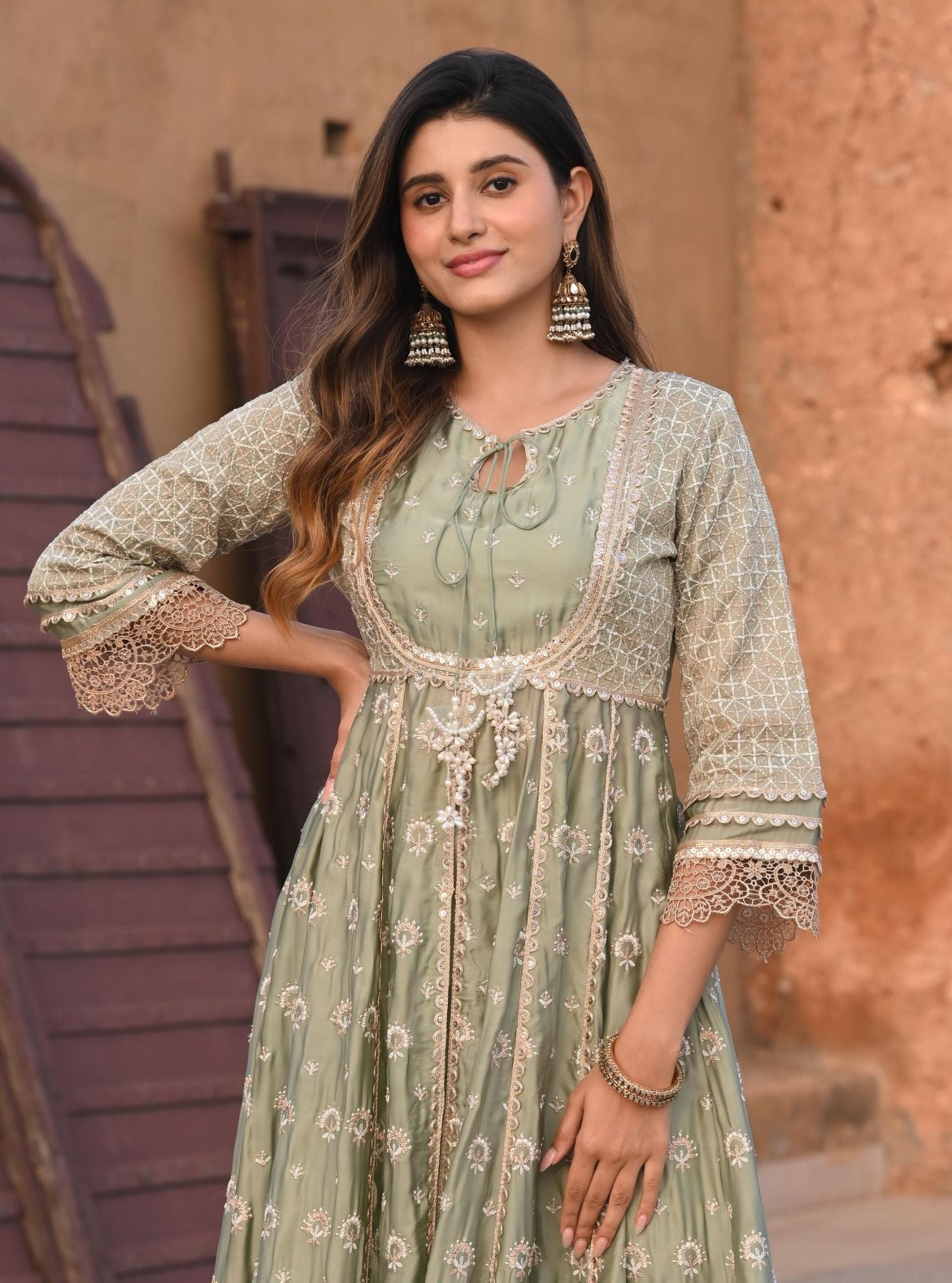 Mulmul Organza Satin Navrai Sage Green Anarkali Kurta with Mulmul Modal Satin Navrai Sage Green Pant