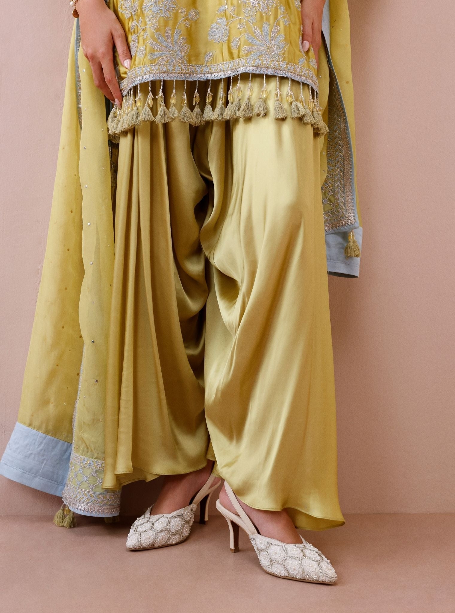 Zani Cupro Satin Lime Kurta with Draped Pants