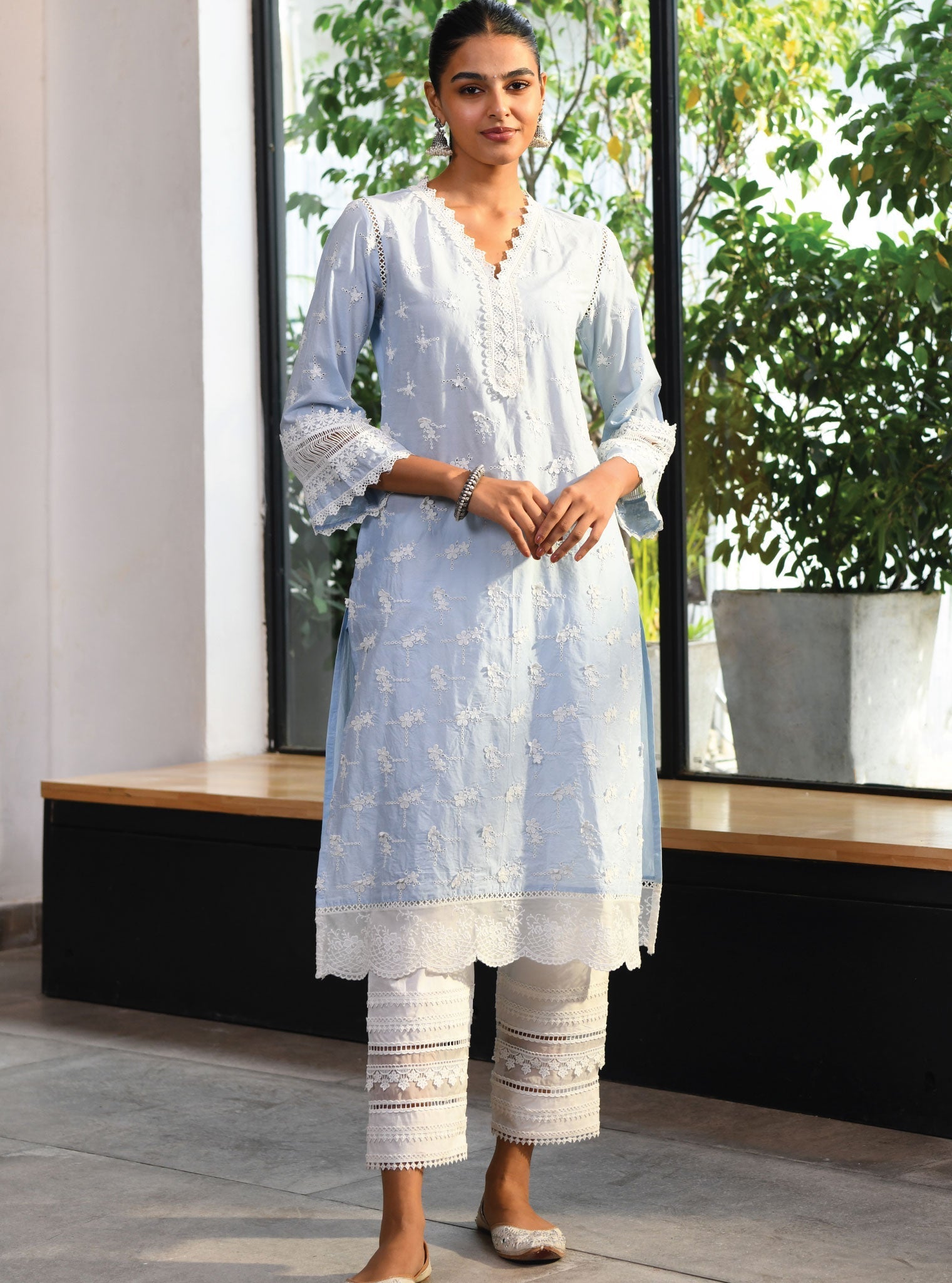 Mulmul Cotton Salisbury Blue Kurta With Multi Lace Slim White Pant