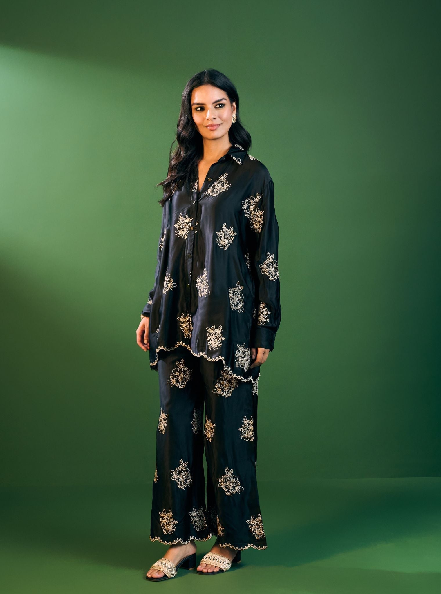 Mireille Cupro Satin Black Shirt & Pant Set