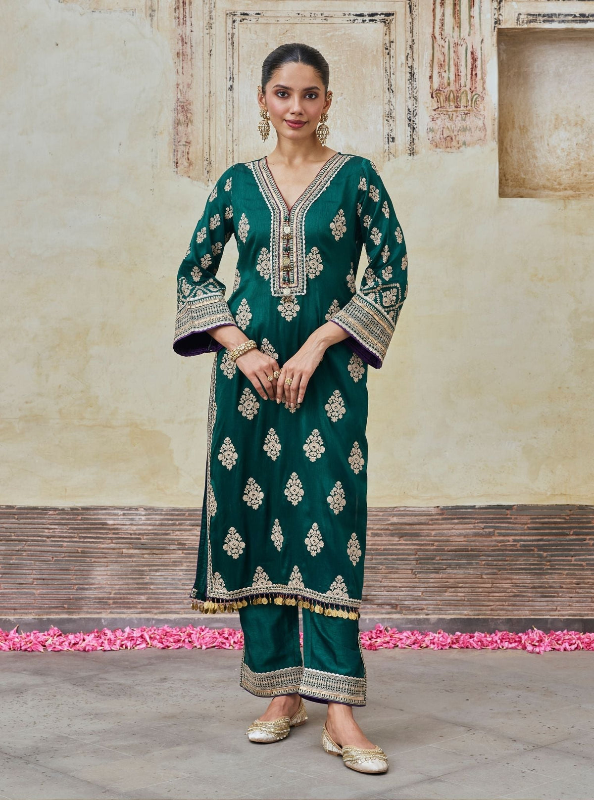 Bairi Bemberg Raw Silk Emerald Green Kurta Set