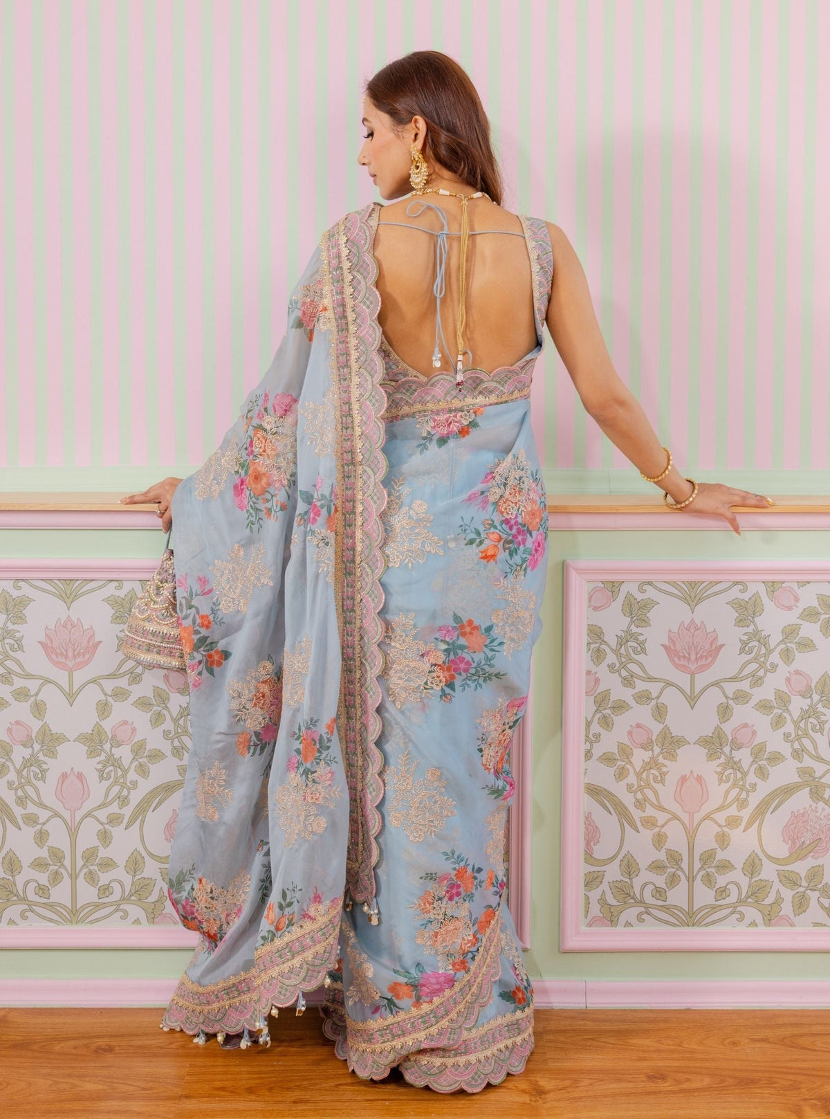 Swar Organza Printed Grey Blue Saree