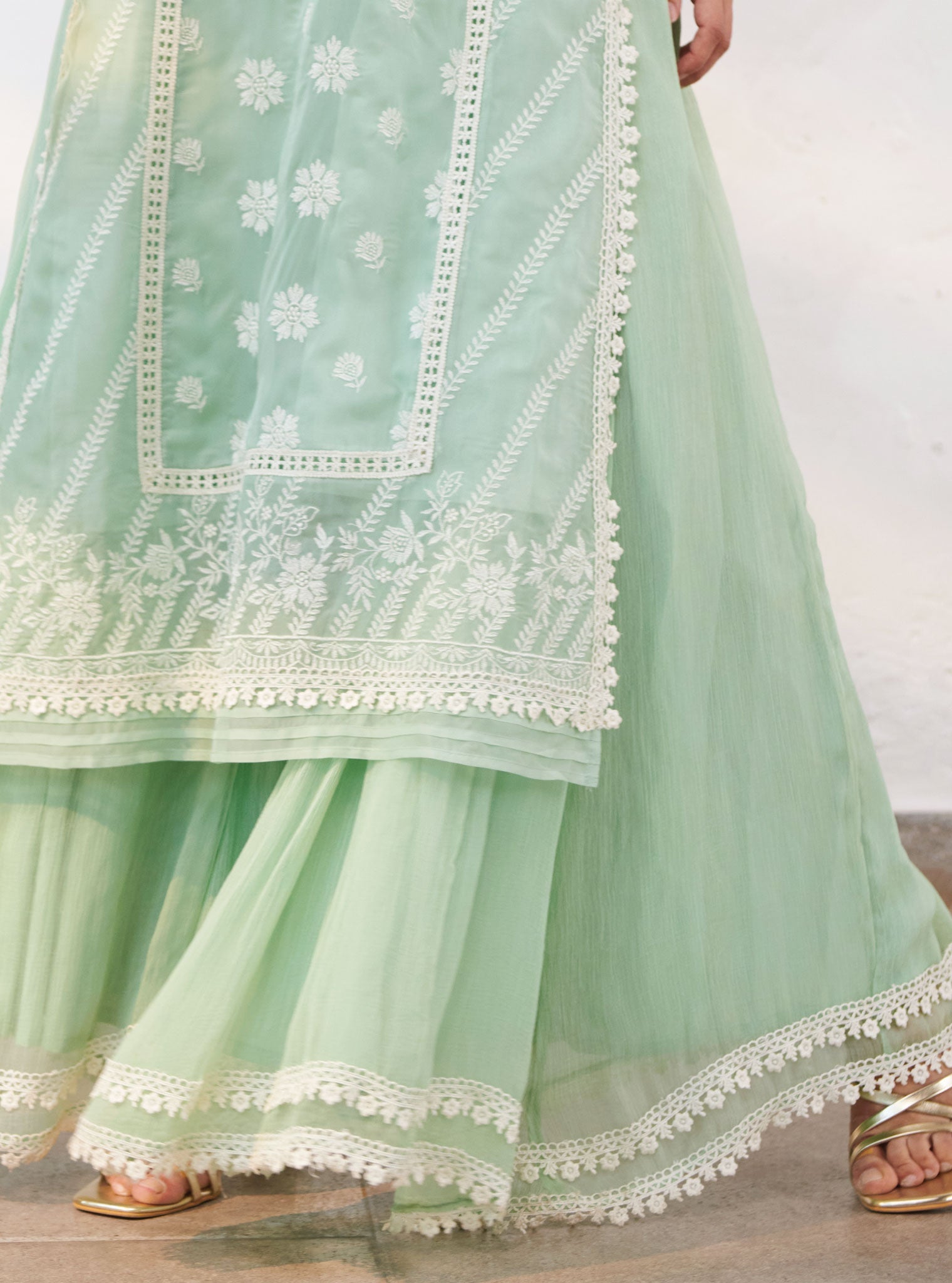 Mulmul Organza Armagh Green Kurta With Chiffon Armagh Green Sharara