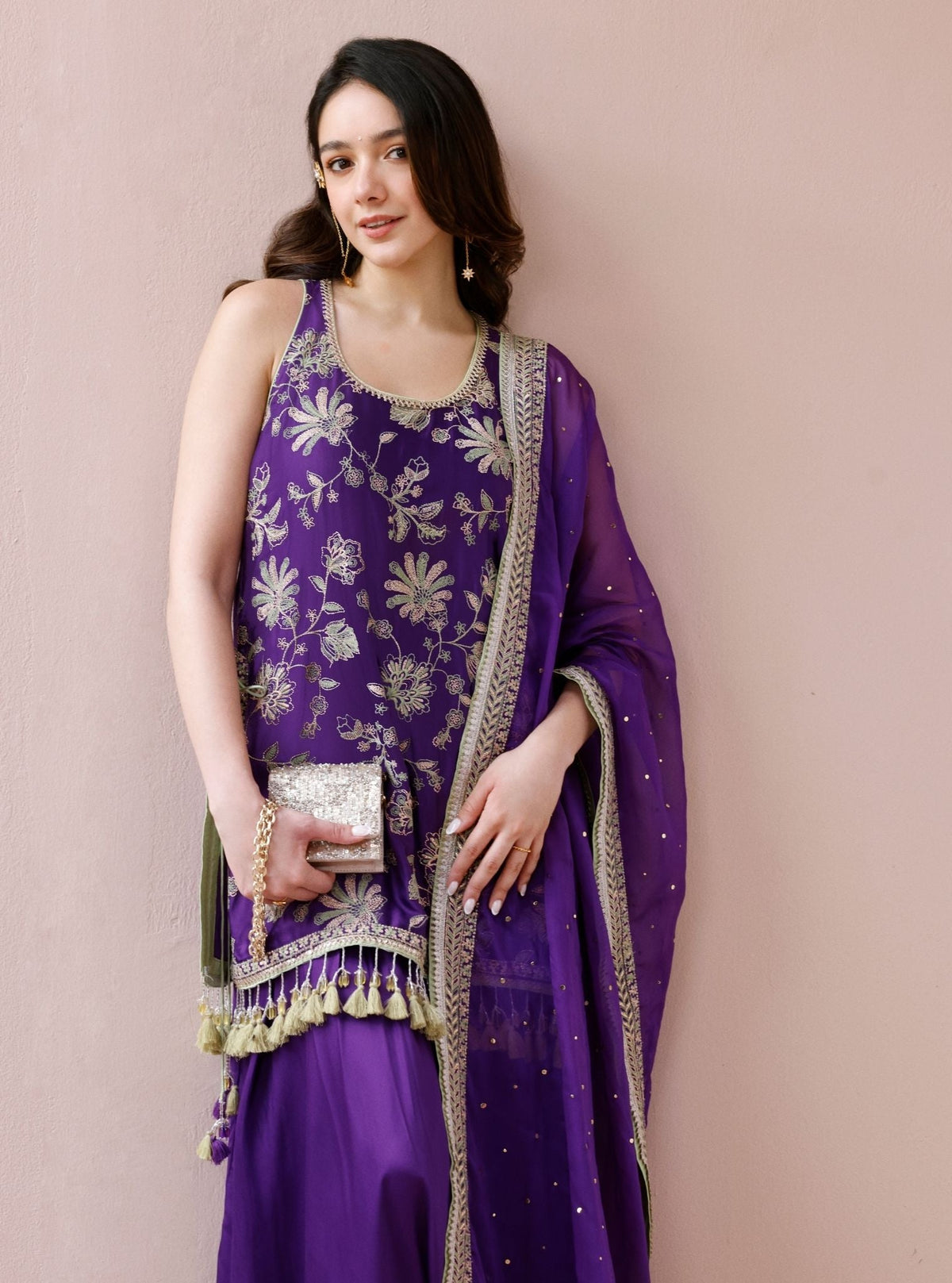 Zani Cupro Satin Purple Kurta with Draped Pants