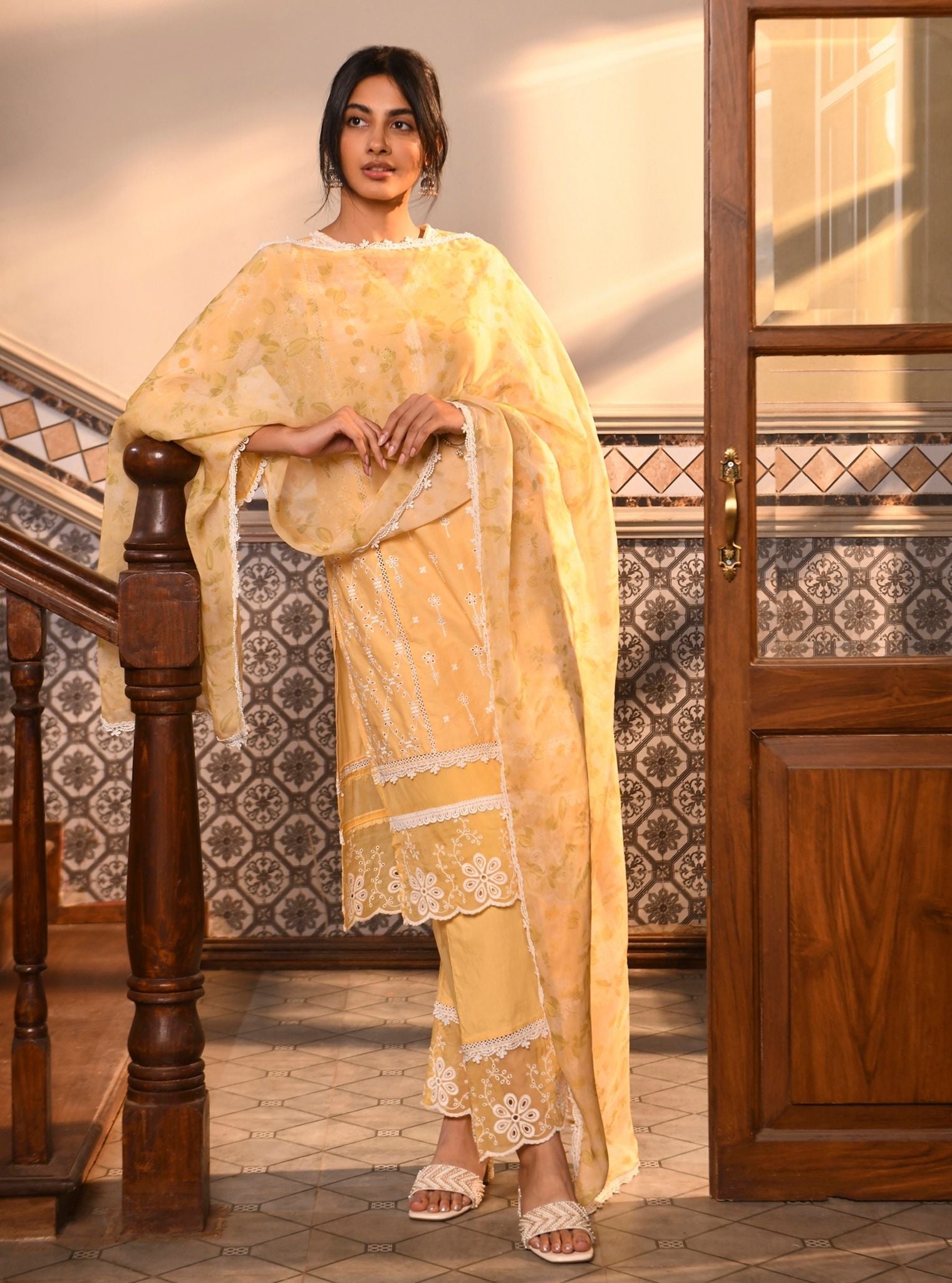 Mulmul Cotton Gulnar Yellow Kurta With Mulmul Cotton Gulnar Yellow Pant