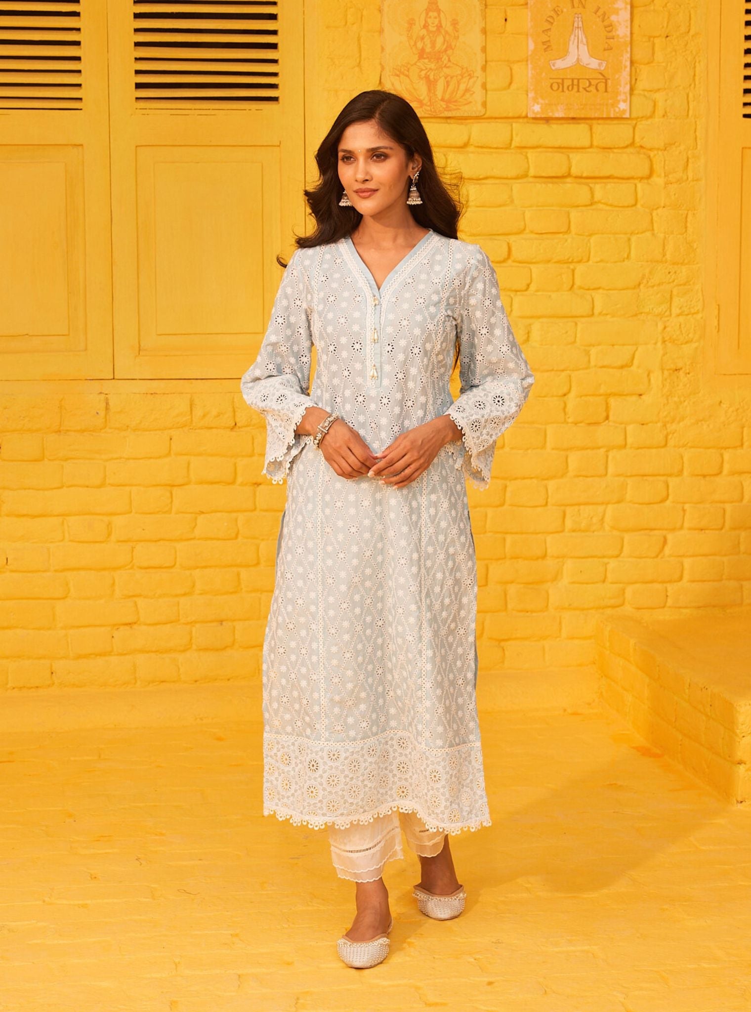 Mulmul Cotton Asti Light Blue Kurta With Mulmul Cotton Saanjh White Pant