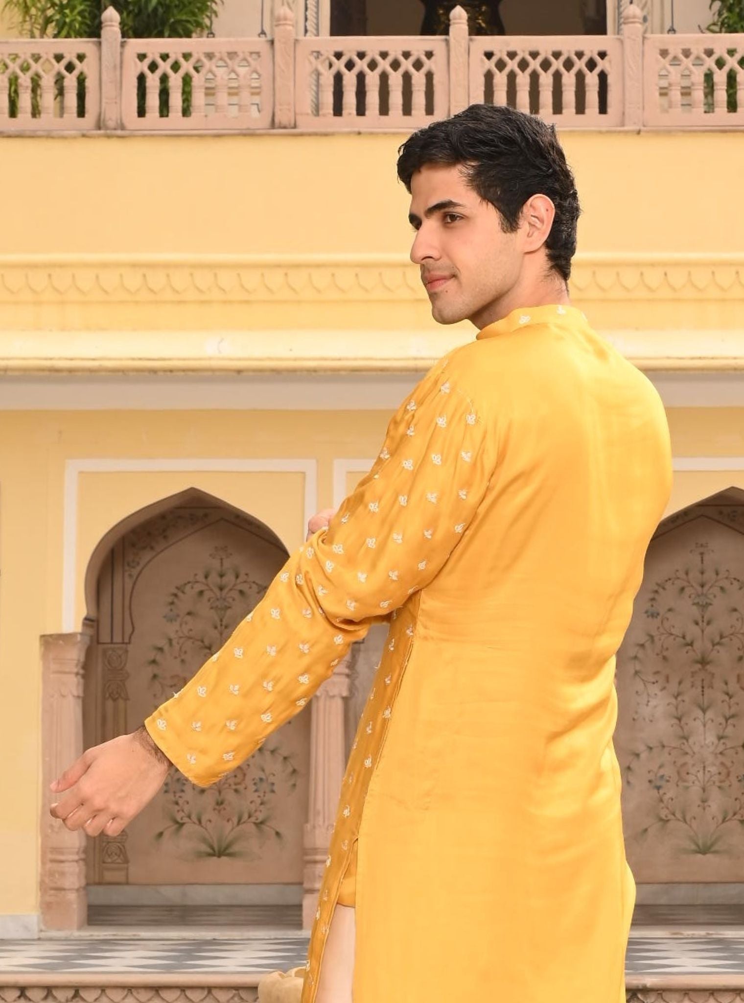 Mulmul Luxe Satin Rooh Yellow Men Kurta with Mulmul Pima Satin Shava Off White Pyajama