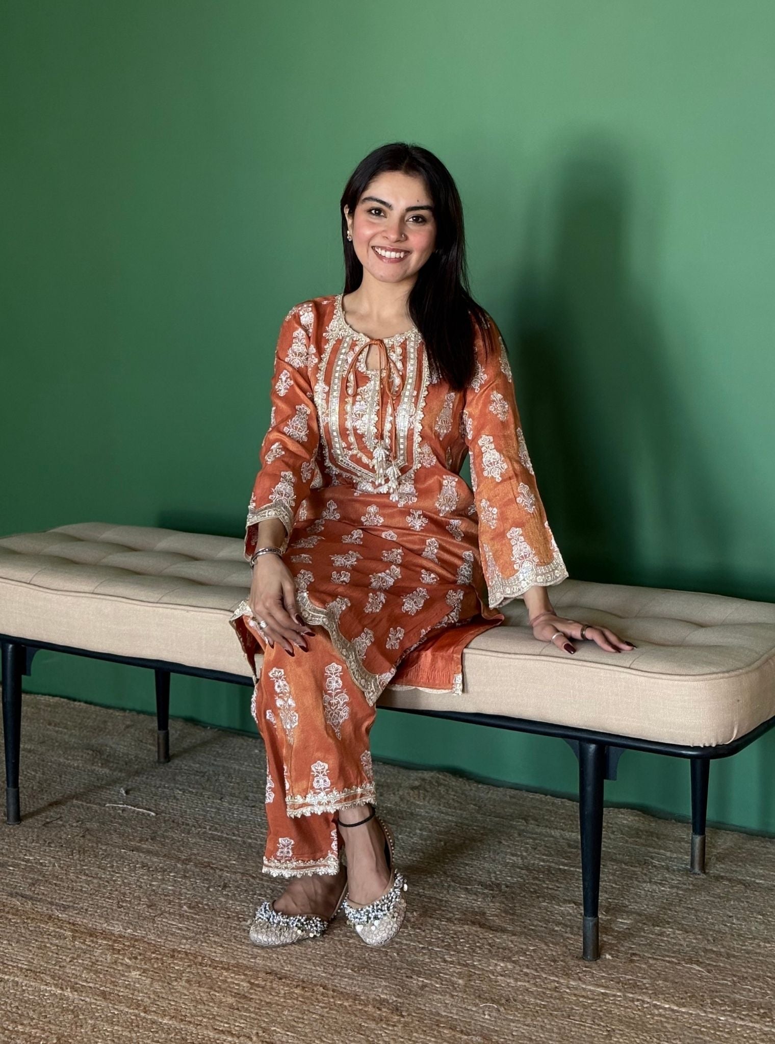 Intira Tissue Linen Satin Burnt Orange Kurta Set