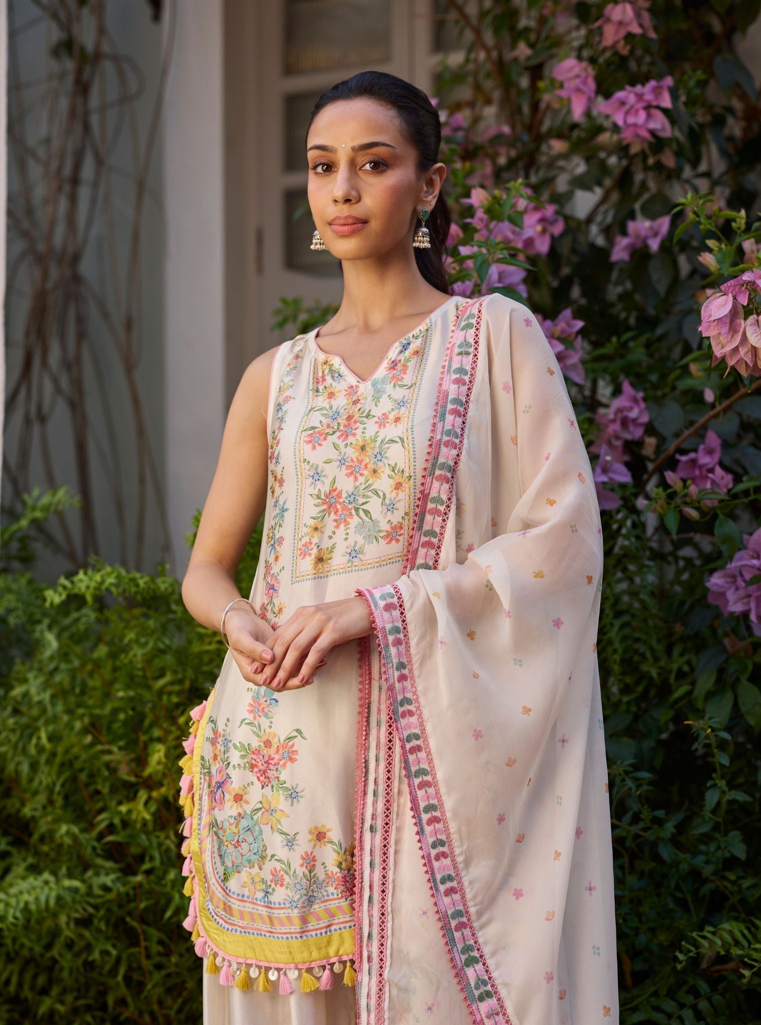 Zivae Cupro Satin Printed Off White Kurta With Farshi Salwar