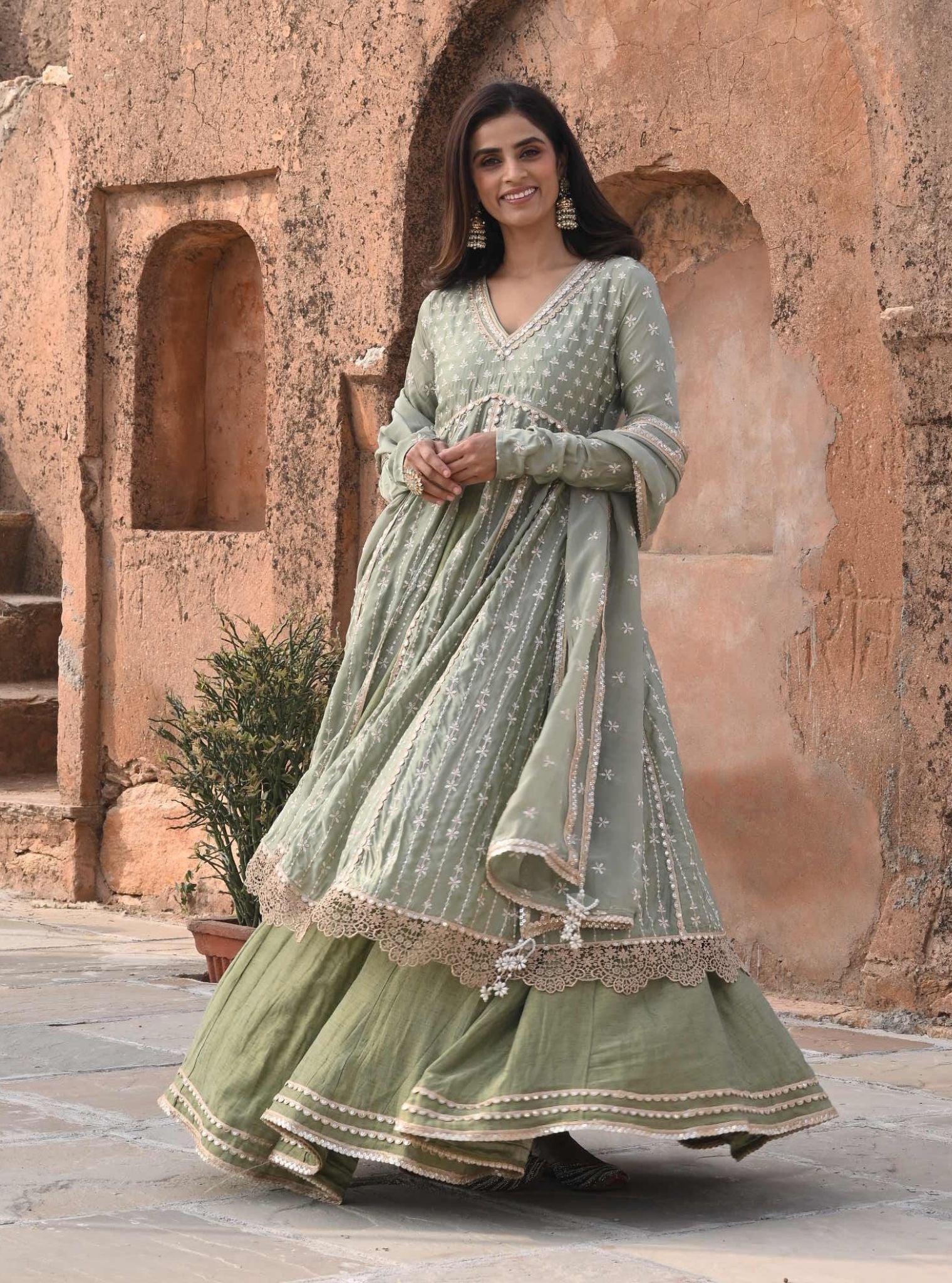 Jhoom Organza Satin Anarkali Sage Green Kurta with Lehenga Set